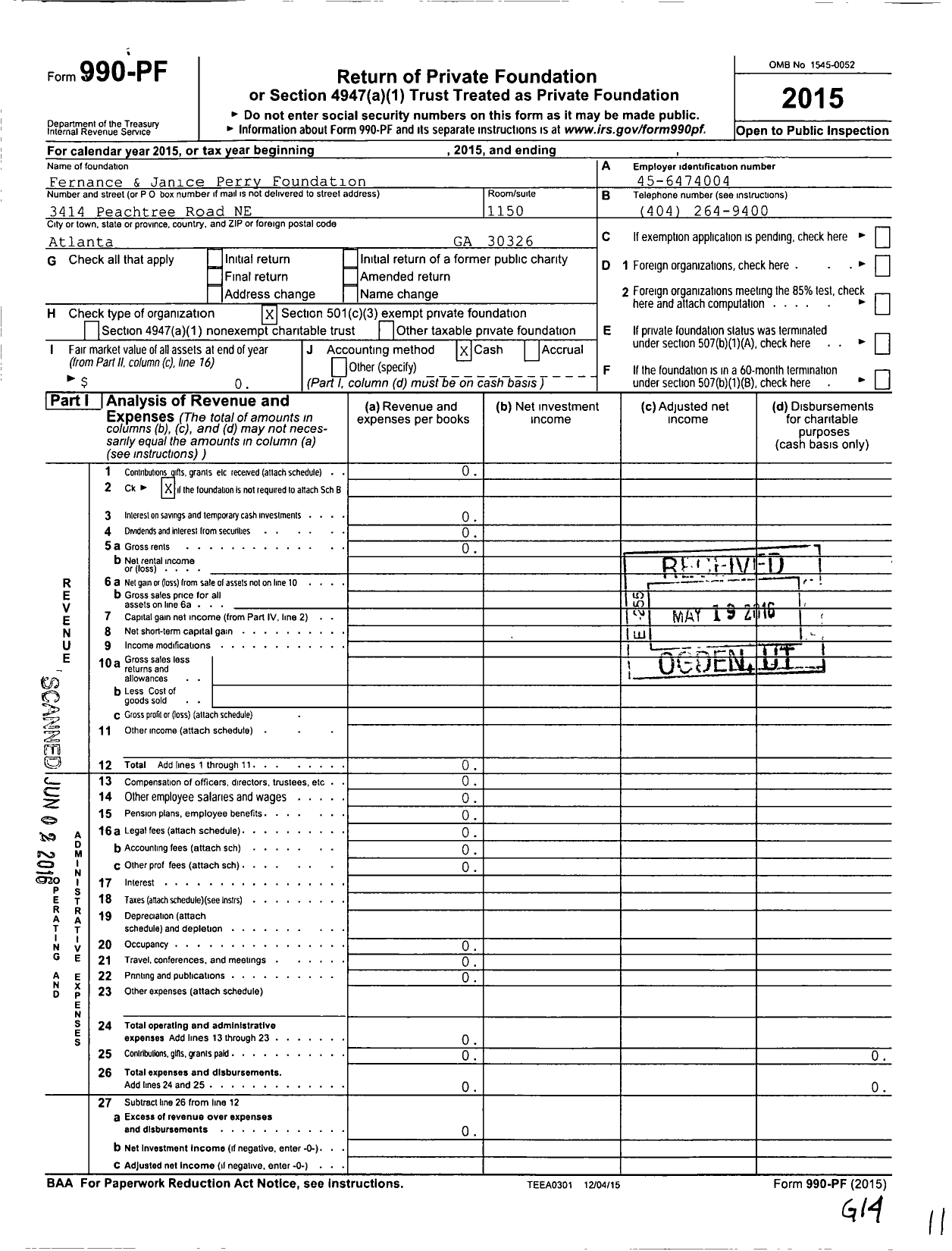 Image of first page of 2015 Form 990PF for Fernance & Janice Perry Foundation