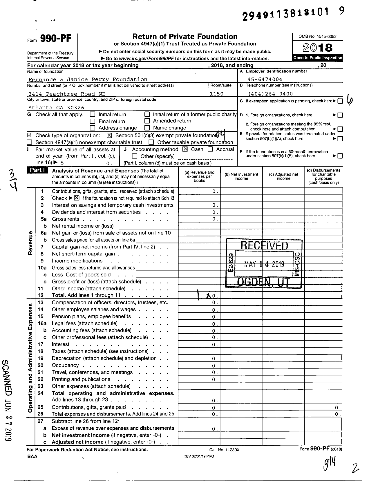 Image of first page of 2018 Form 990PF for Fernance & Janice Perry Foundation