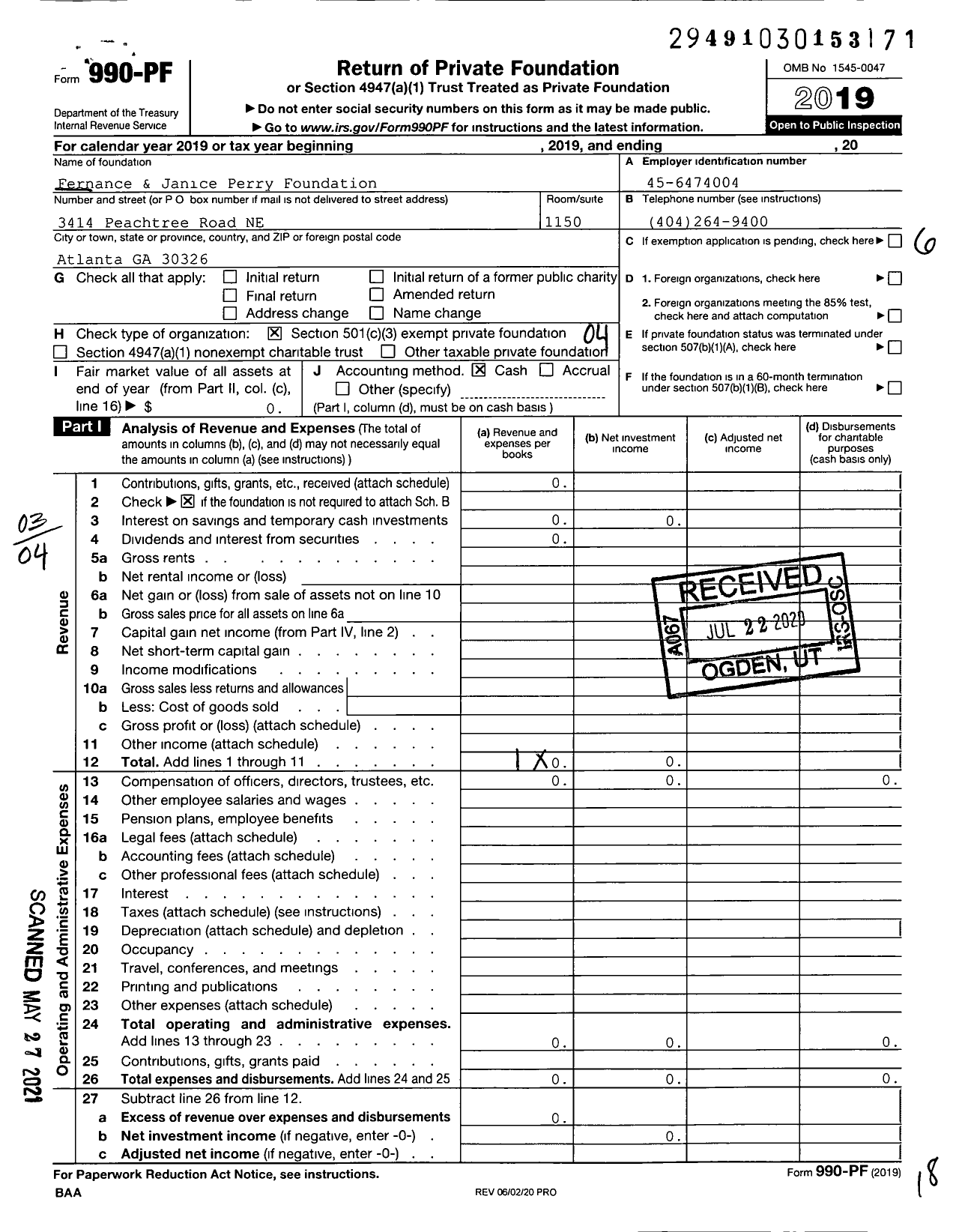 Image of first page of 2019 Form 990PF for Fernance & Janice Perry Foundation