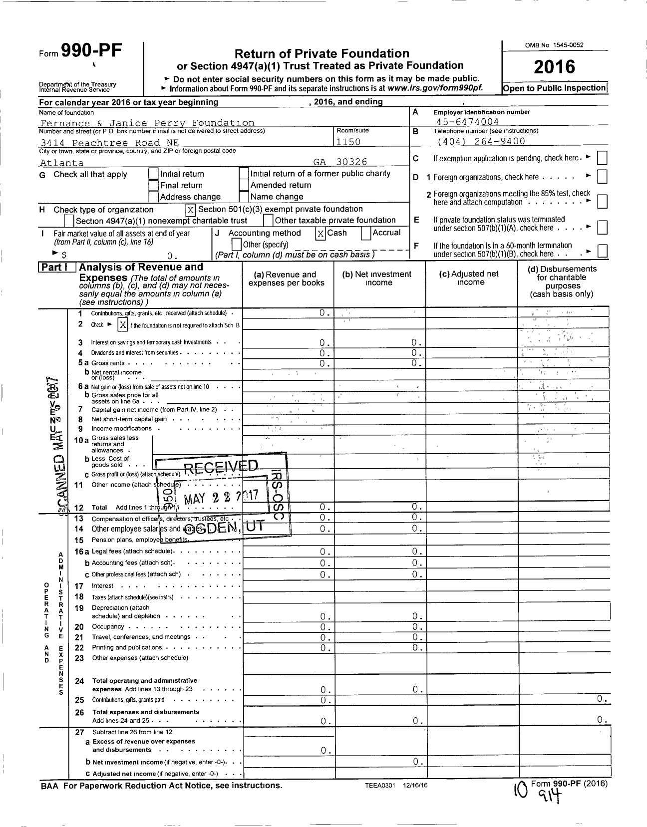 Image of first page of 2016 Form 990PF for Fernance & Janice Perry Foundation