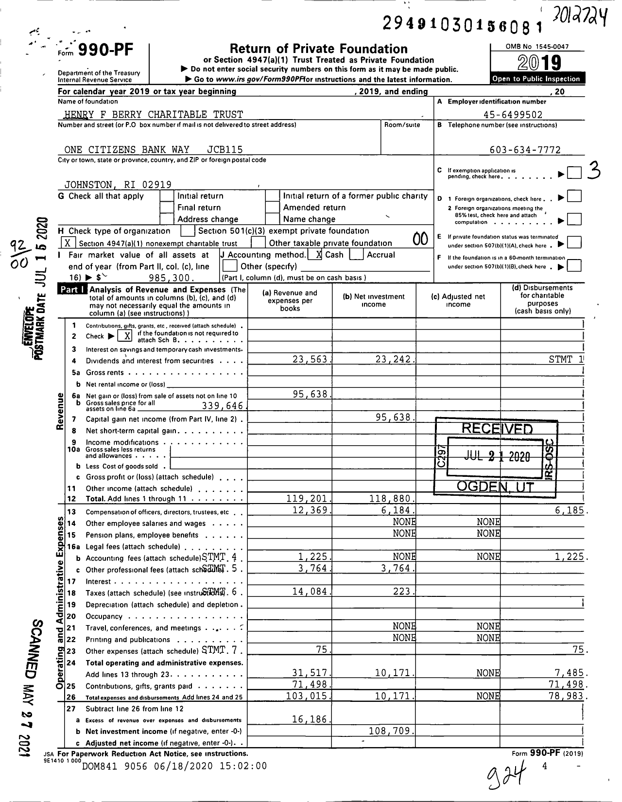 Image of first page of 2019 Form 990PF for Henry F Berry Charitable Trust