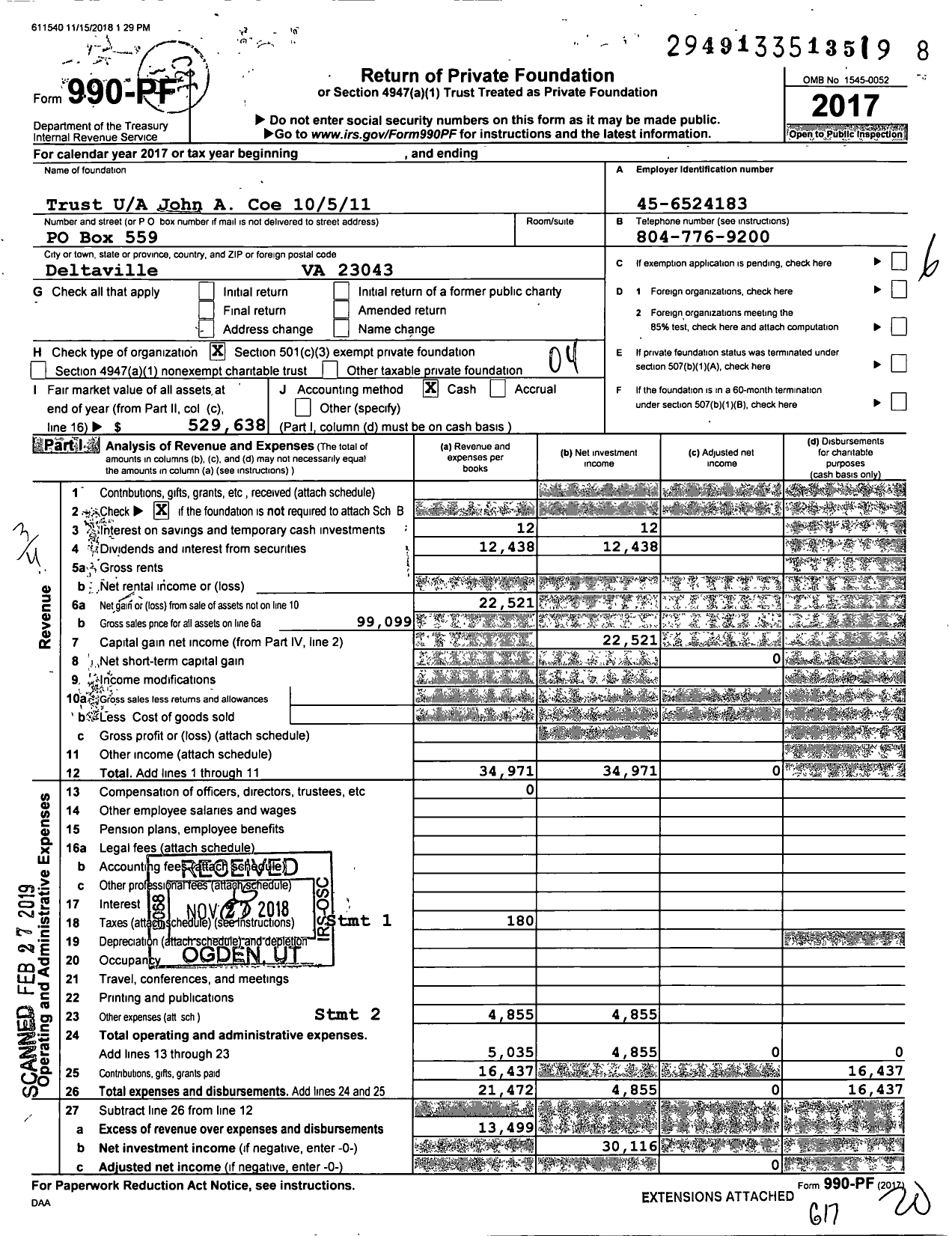 Image of first page of 2017 Form 990PF for John A Coe Endowment Trust