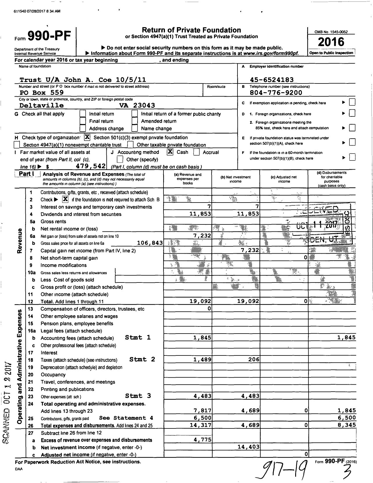 Image of first page of 2016 Form 990PF for John A Coe Endowment Trust