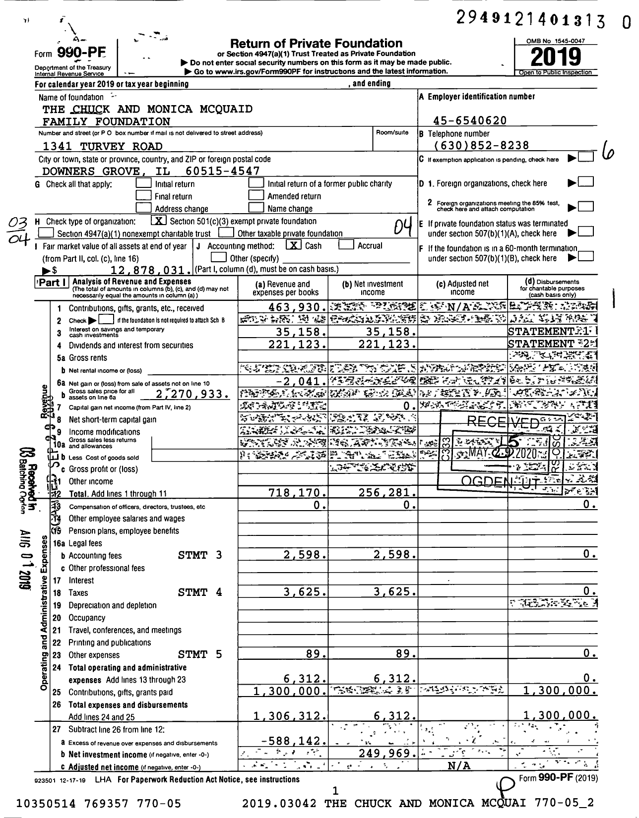 Image of first page of 2019 Form 990PR for The Chuck and Monica Mcquaid Family Foundation