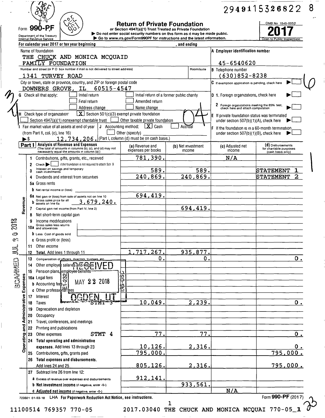 Image of first page of 2017 Form 990PF for The Chuck and Monica Mcquaid Family Foundation