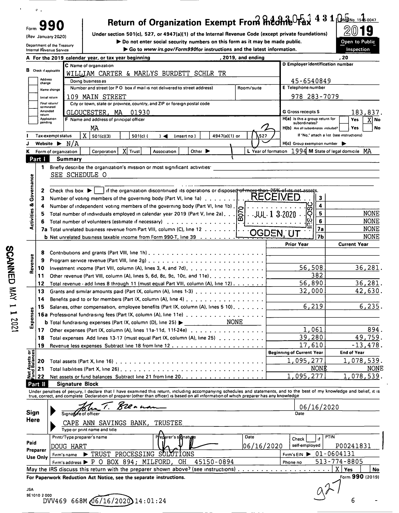 Image of first page of 2019 Form 990 for William Carter and Marlys Burdett SCHLR Trust