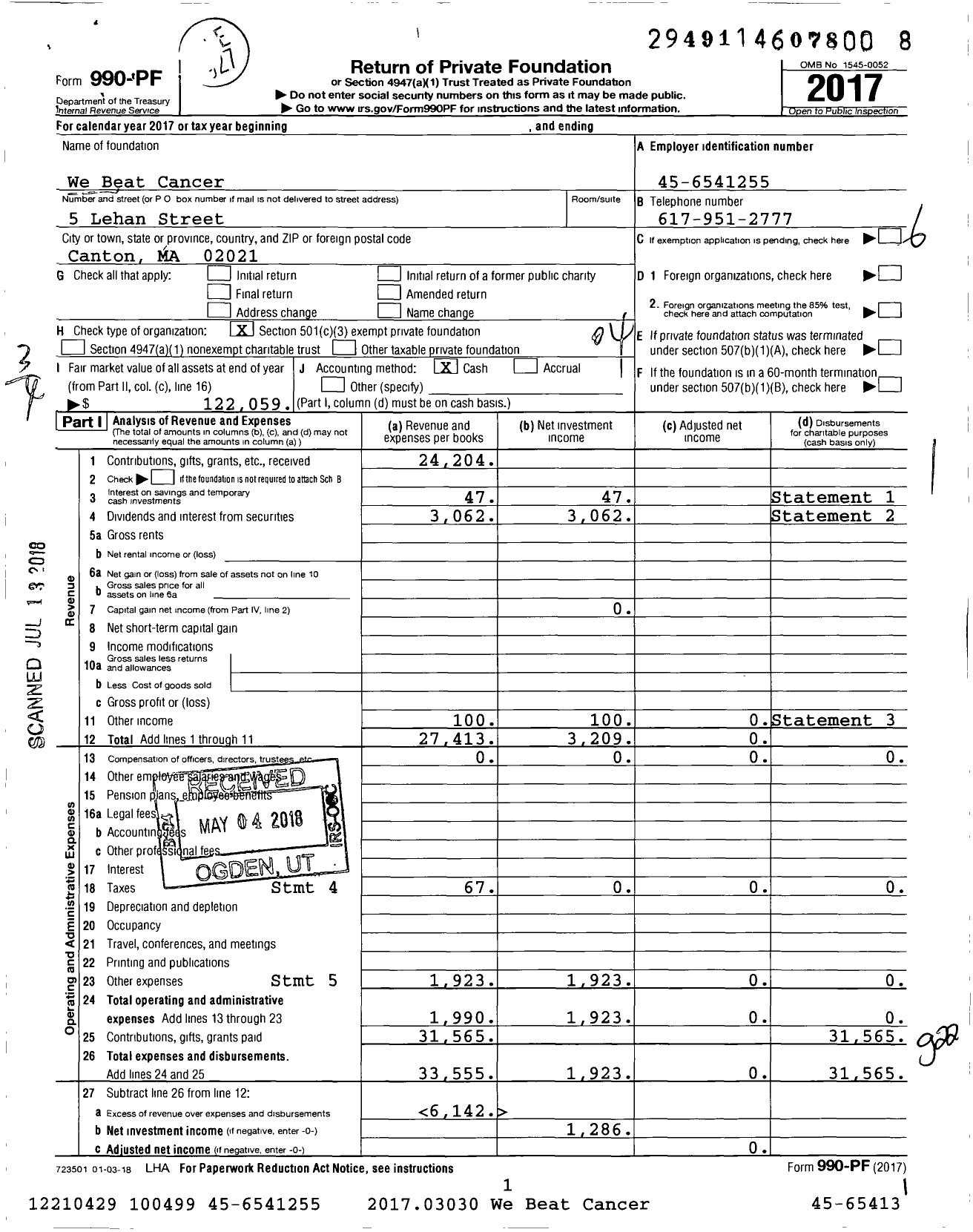 Image of first page of 2017 Form 990PF for We Beat Cancer