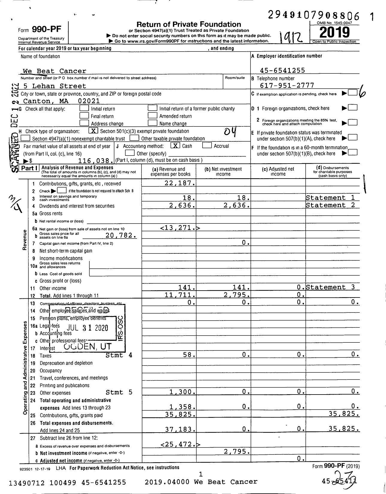 Image of first page of 2019 Form 990PF for We Beat Cancer