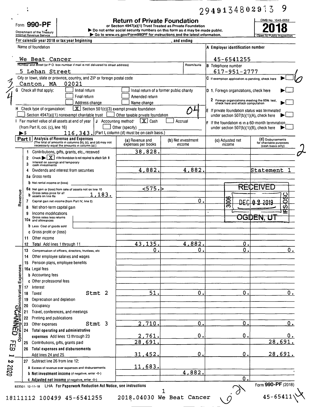 Image of first page of 2018 Form 990PF for We Beat Cancer