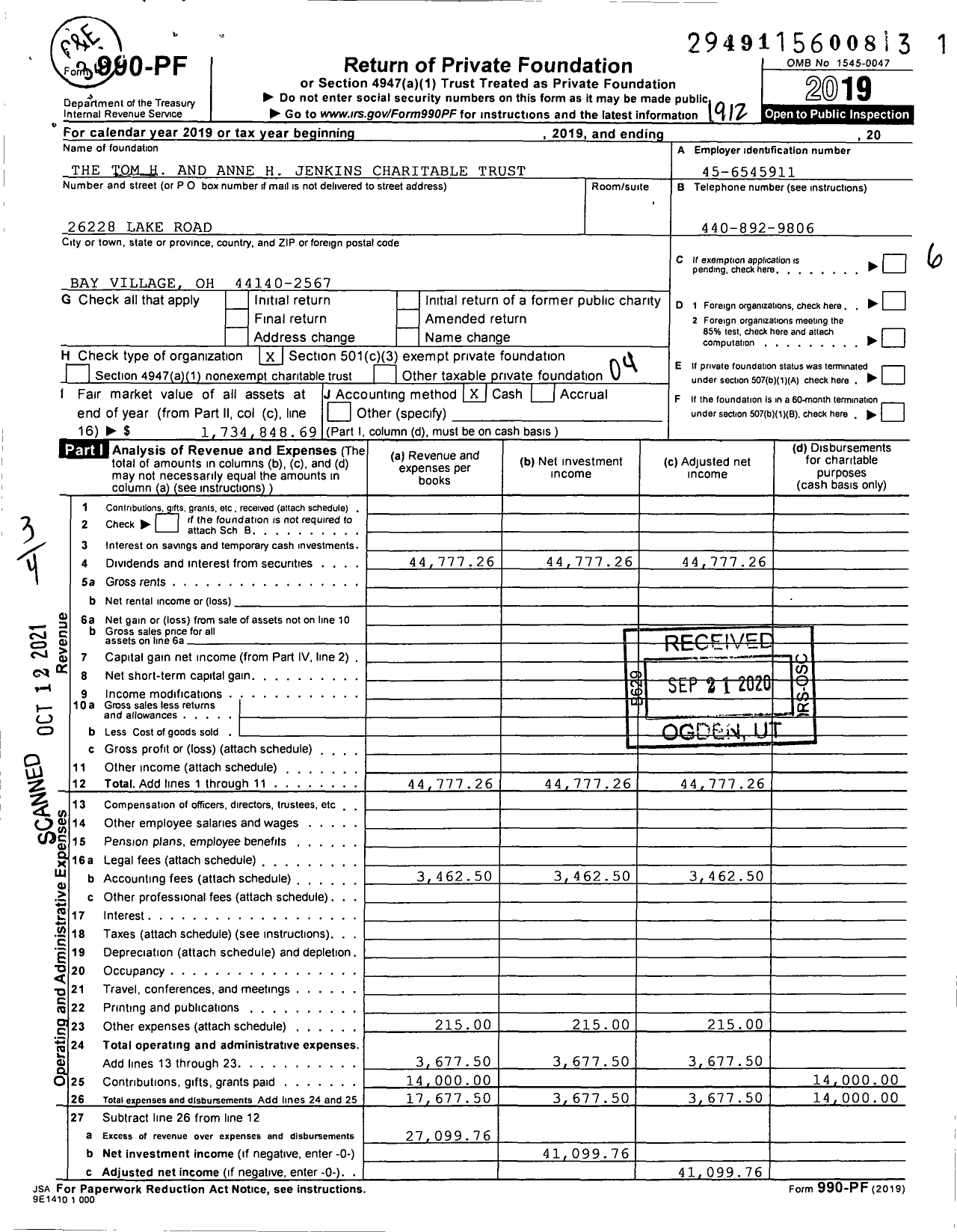 Image of first page of 2019 Form 990PF for The Tom H and Anne H Jenkins Char