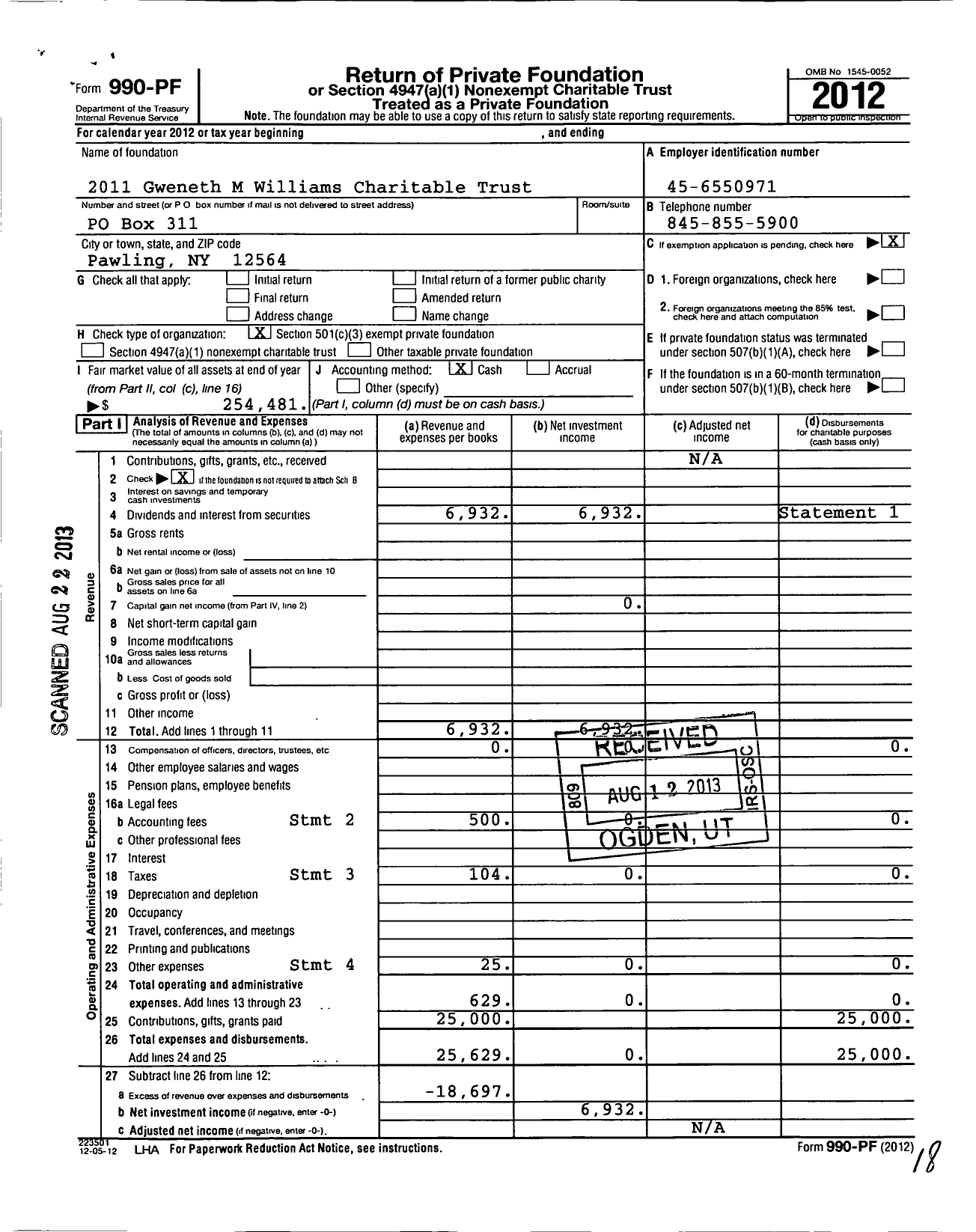 Image of first page of 2012 Form 990PF for 2011 Gweneth M Williams Charitable Trust