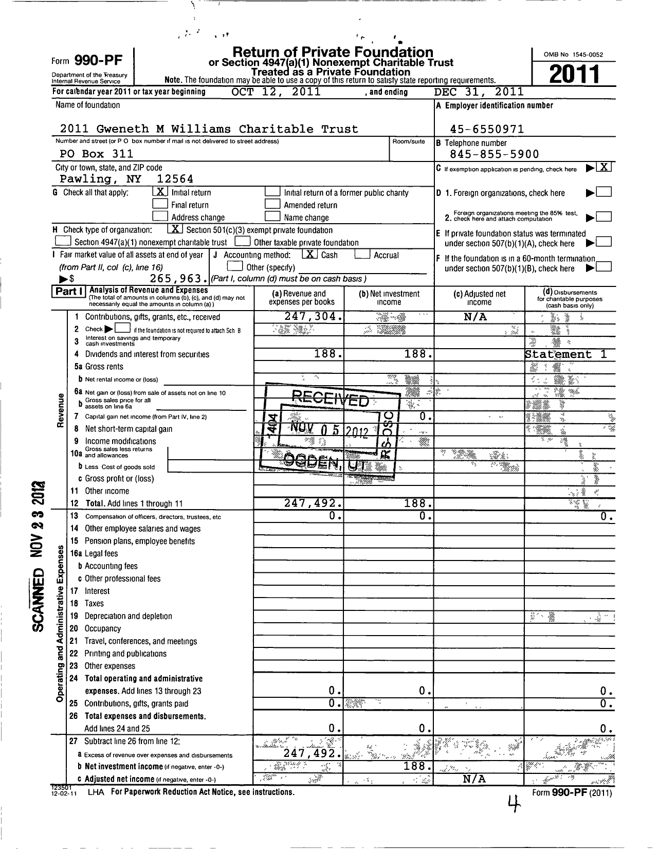 Image of first page of 2011 Form 990PF for 2011 Gweneth M Williams Charitable Trust