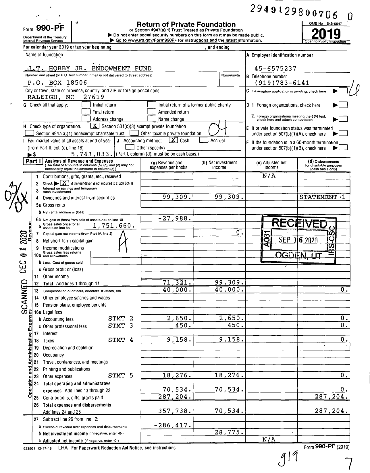 Image of first page of 2019 Form 990PF for JT Hobby JR Endowment Fund