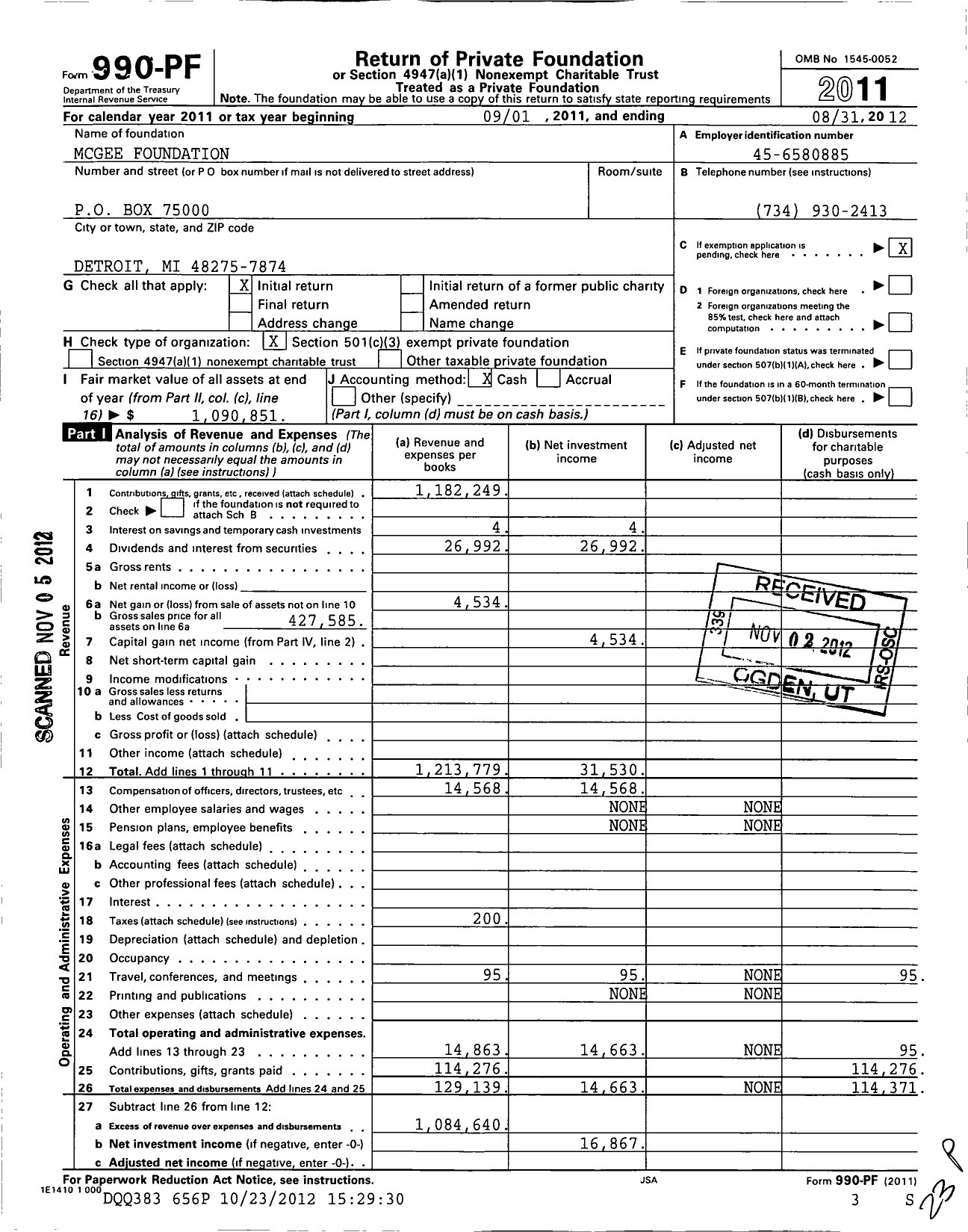 Image of first page of 2011 Form 990PF for Mcgee Foundation