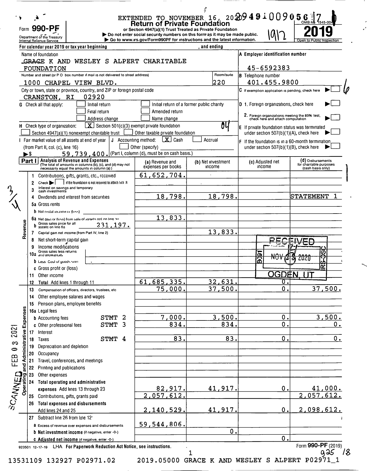 Image of first page of 2019 Form 990PF for Grace K and Wesley S Alpert Charitable Foundation