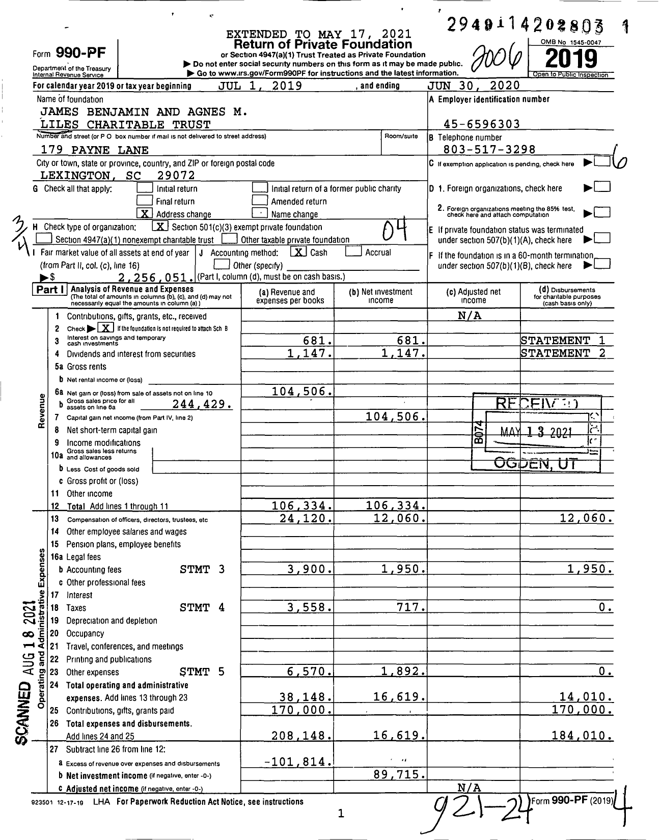 Image of first page of 2019 Form 990PF for James Benjamin and Agnes M Liles Charitable Trust