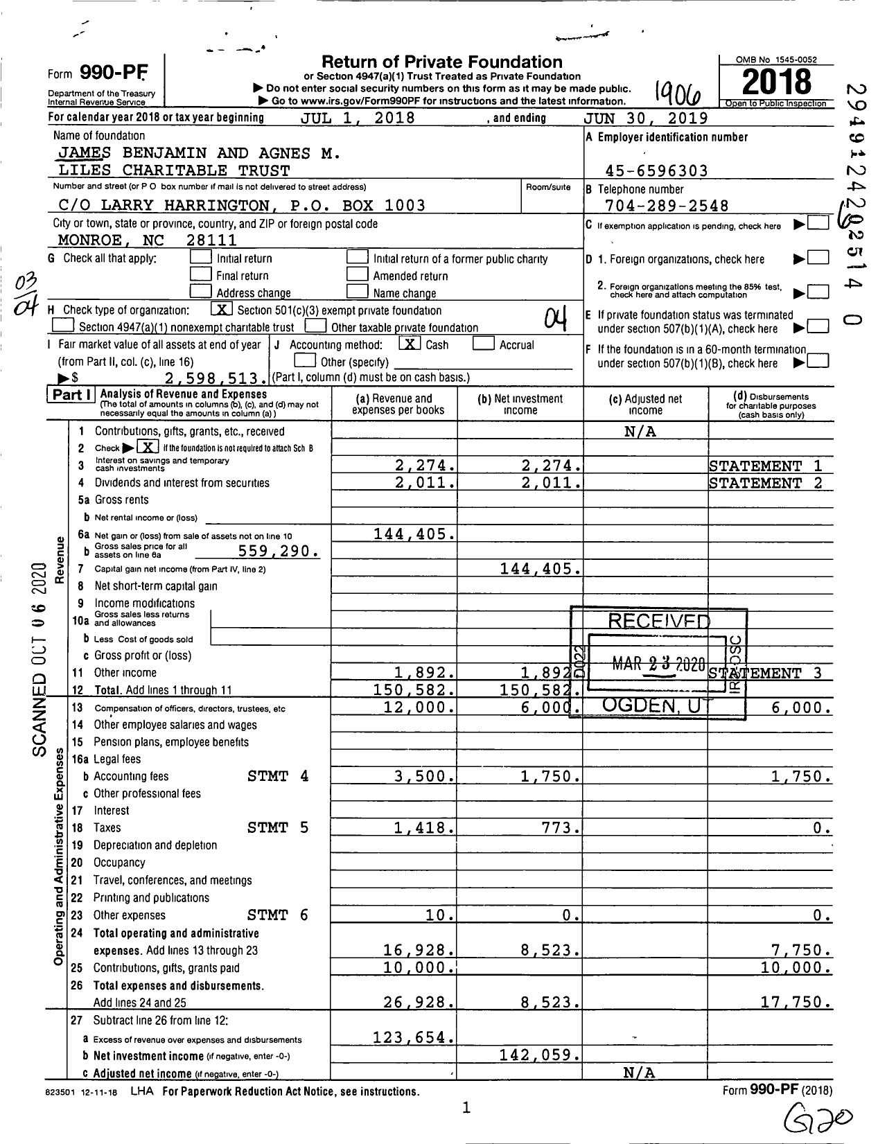 Image of first page of 2018 Form 990PR for James Benjamin and Agnes M Liles Charitable Trust