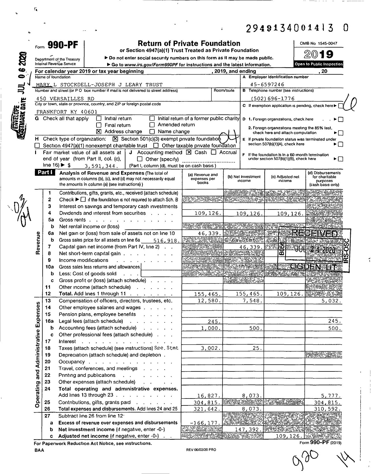 Image of first page of 2019 Form 990PF for Mary L Stockdell-Joseph J Leary Trust