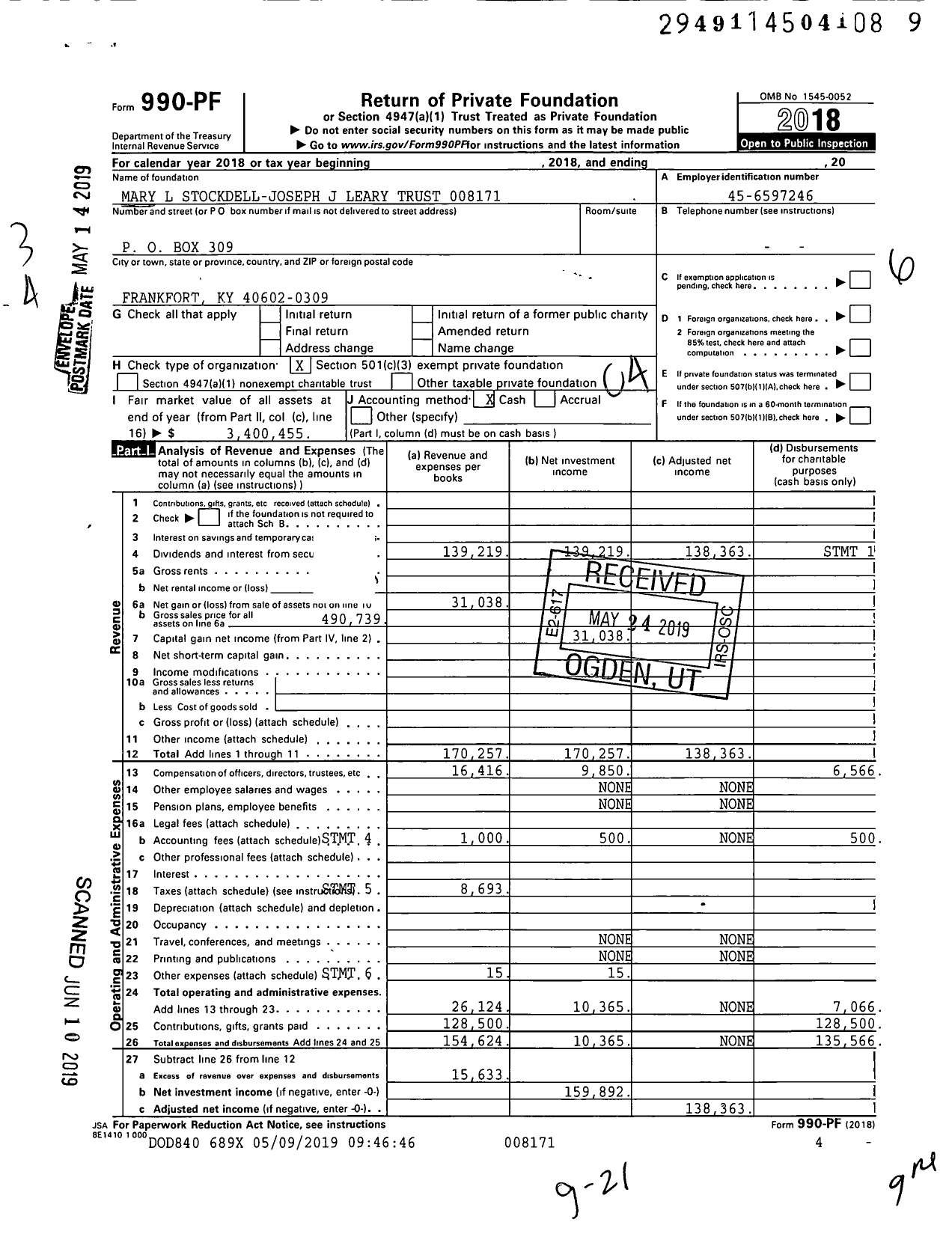 Image of first page of 2018 Form 990PF for Mary L Stockdell-Joseph J Leary Trust