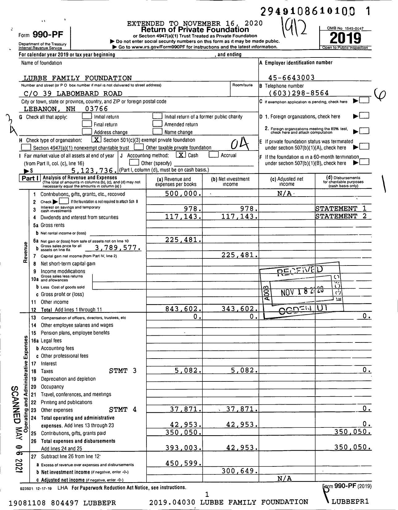 Image of first page of 2019 Form 990PF for Lubbe Family Foundation