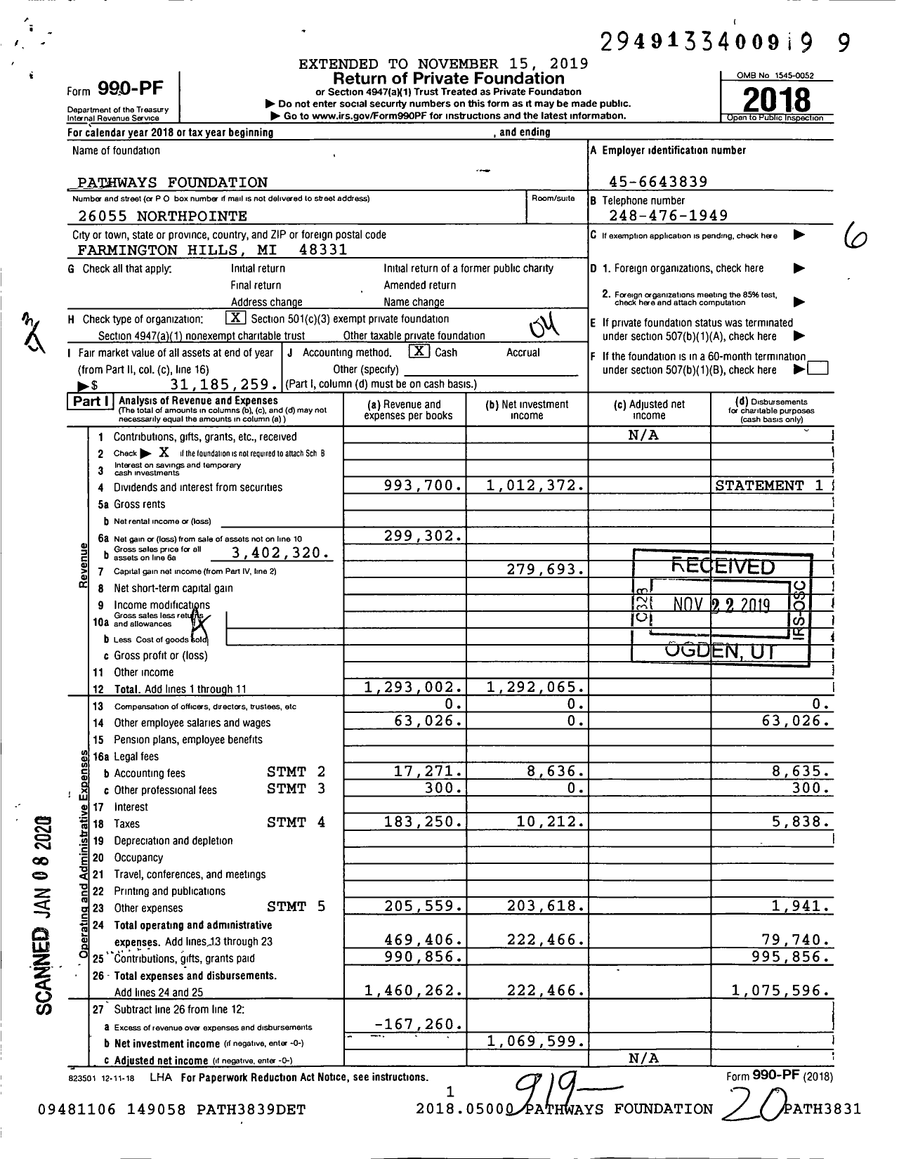 Image of first page of 2018 Form 990PF for Pathways Foundation