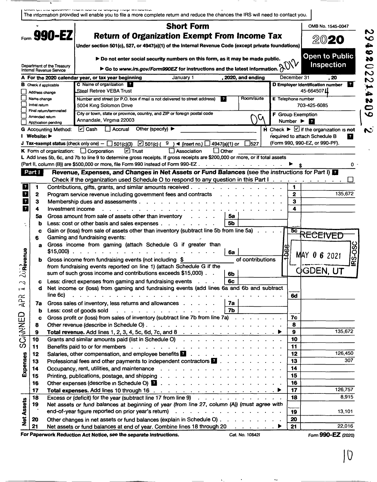 Image of first page of 2020 Form 990EO for Steel Retiree Veba Trust - Pennsylvania - Ohio - Michigan