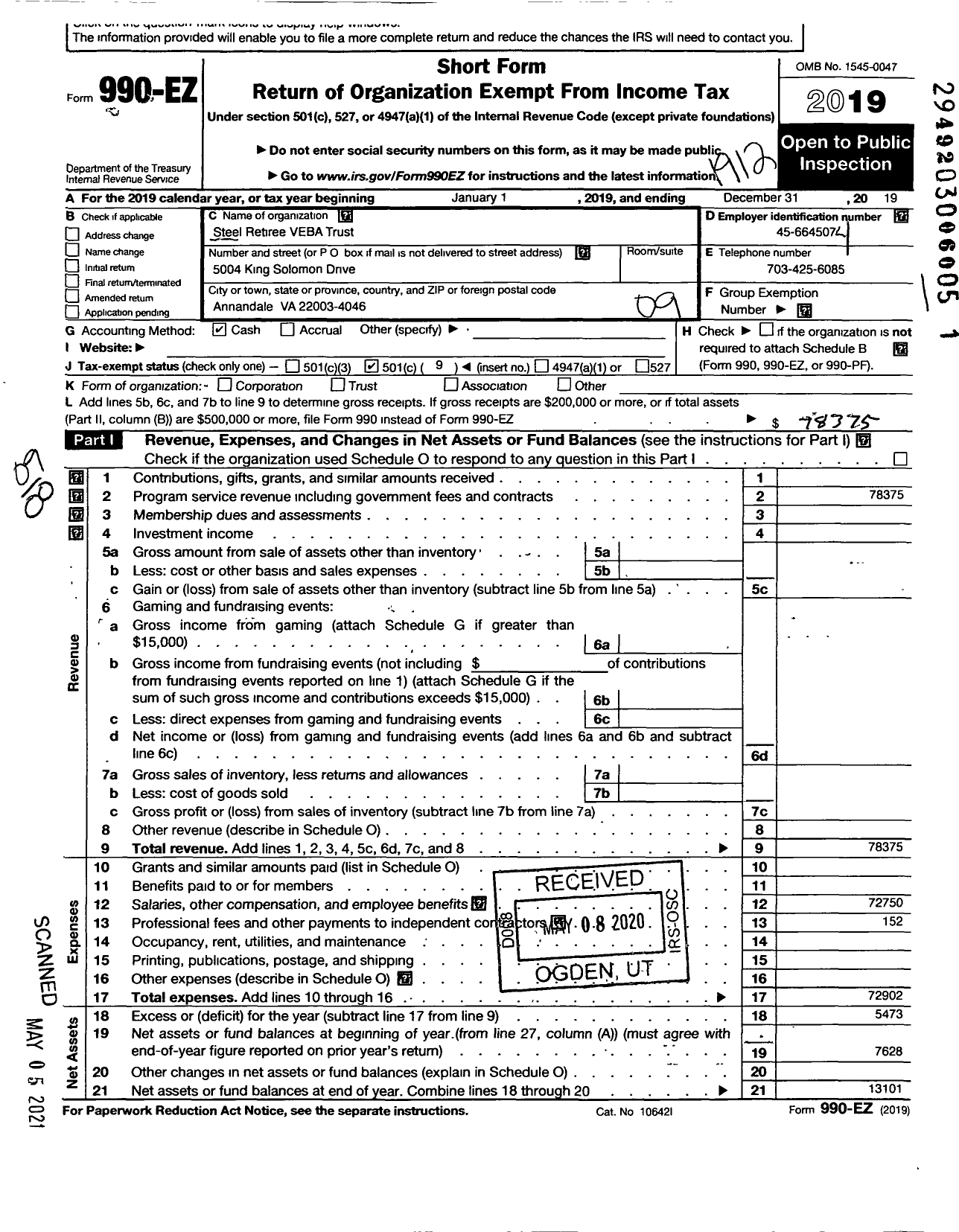 Image of first page of 2019 Form 990EO for Steel Retiree Veba Trust - Pennsylvania - Ohio - Michigan