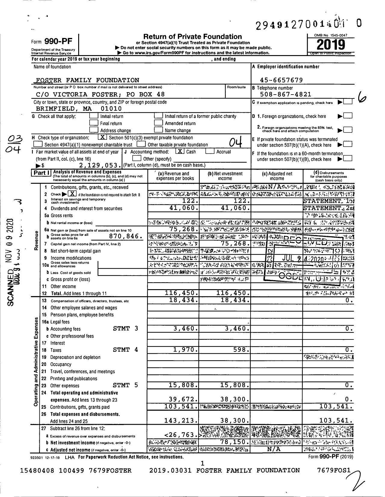 Image of first page of 2019 Form 990PF for Foster Family Foundation / Sarah Foster Ttee