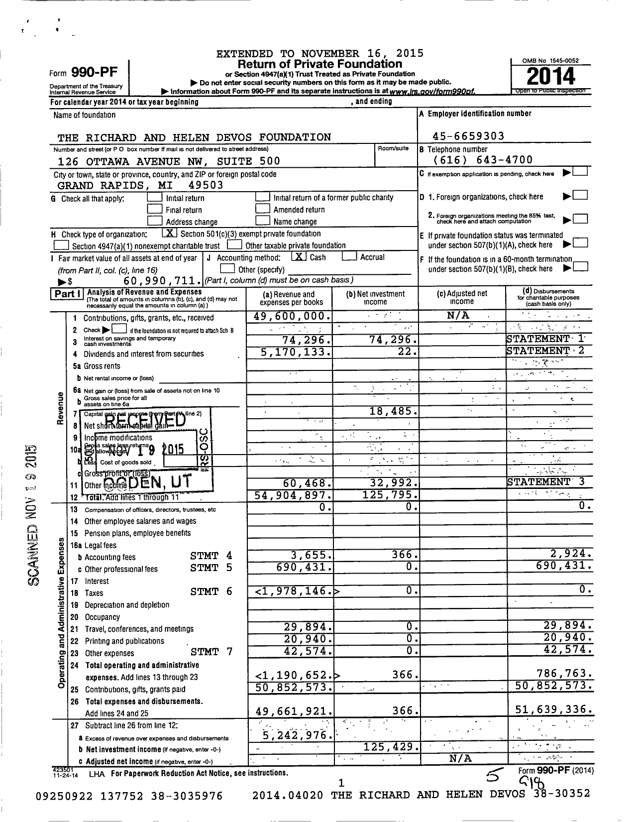 Image of first page of 2014 Form 990PF for Richard and Helen DeVos Foundation