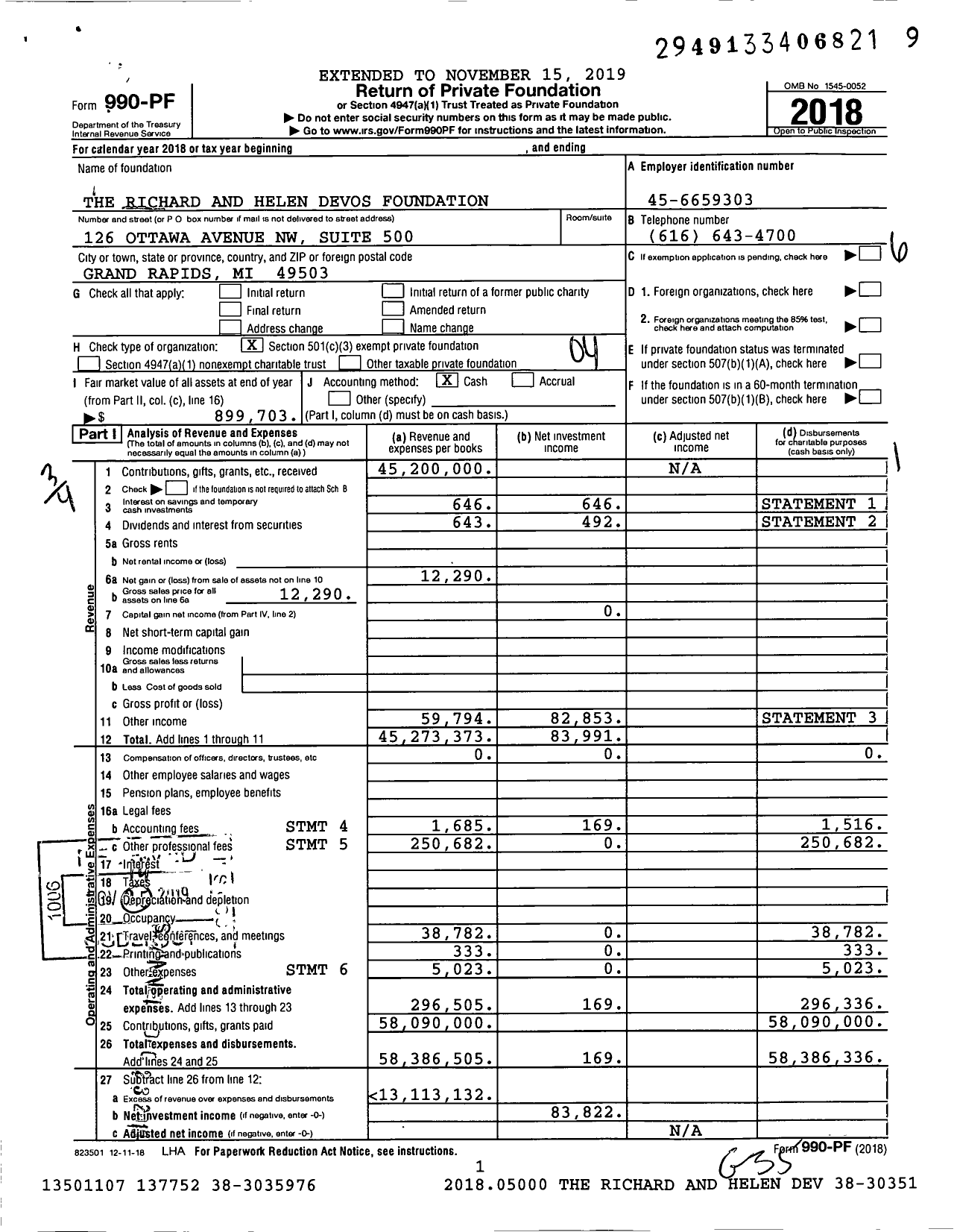 Image of first page of 2018 Form 990PF for Richard and Helen DeVos Foundation