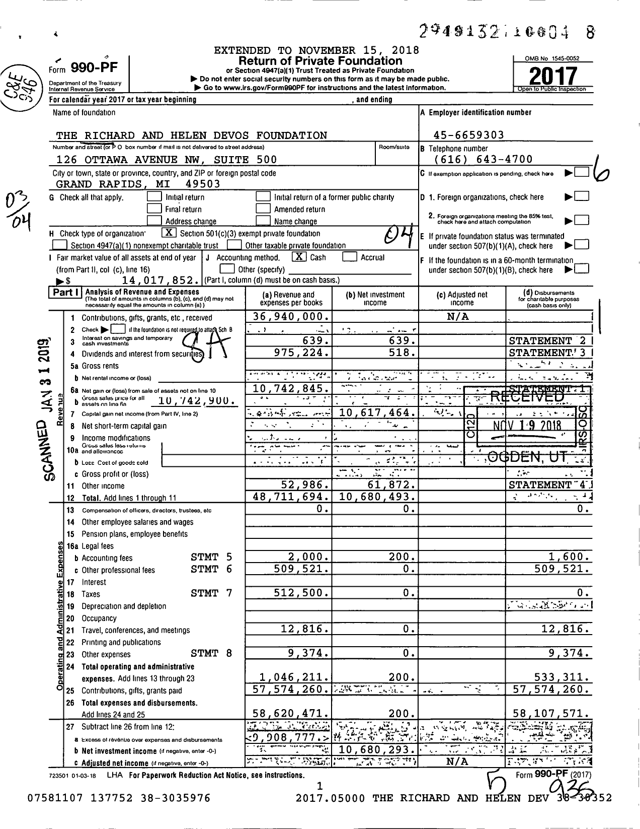 Image of first page of 2017 Form 990PF for Richard and Helen DeVos Foundation