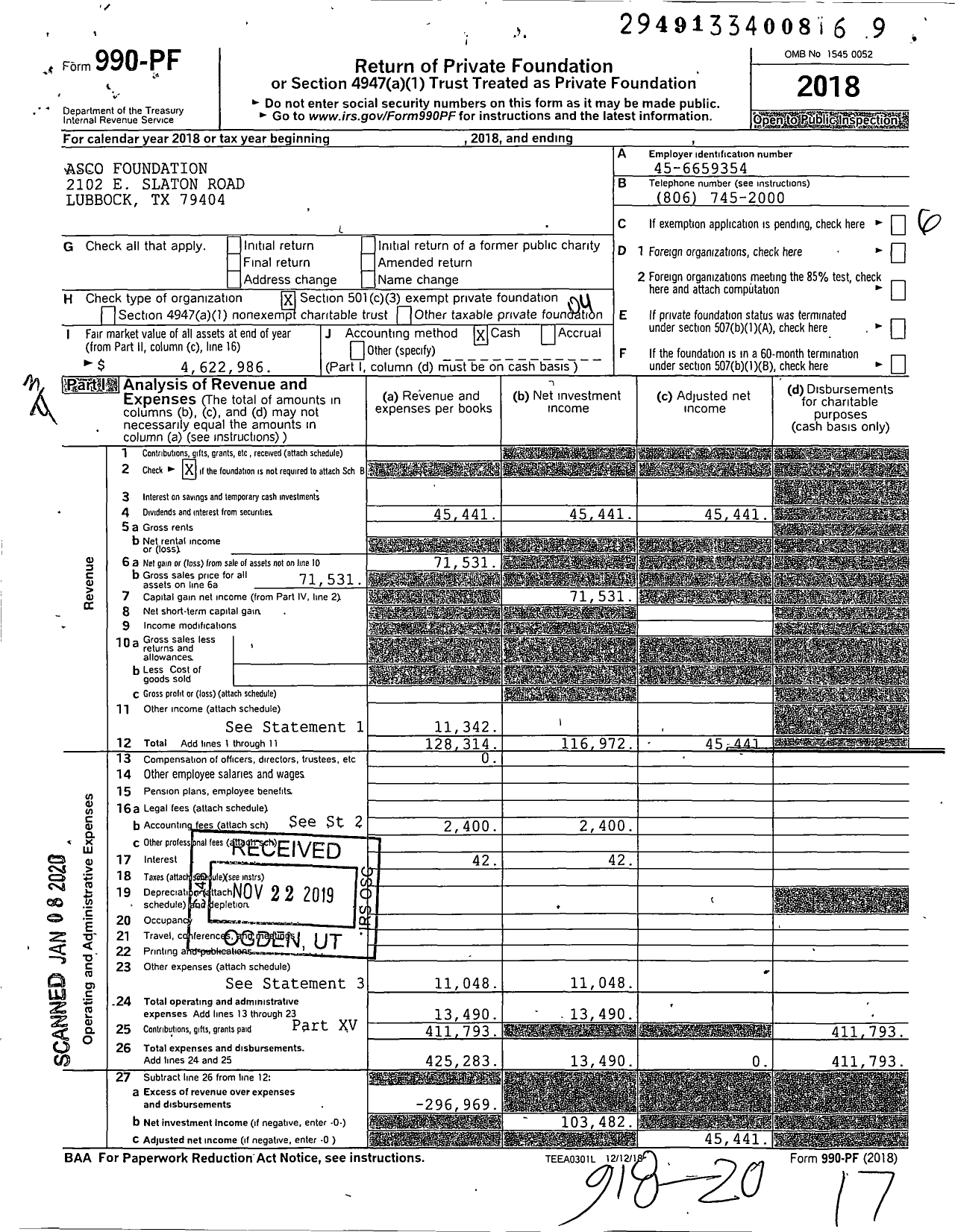 Image of first page of 2018 Form 990PF for Asco Foundation