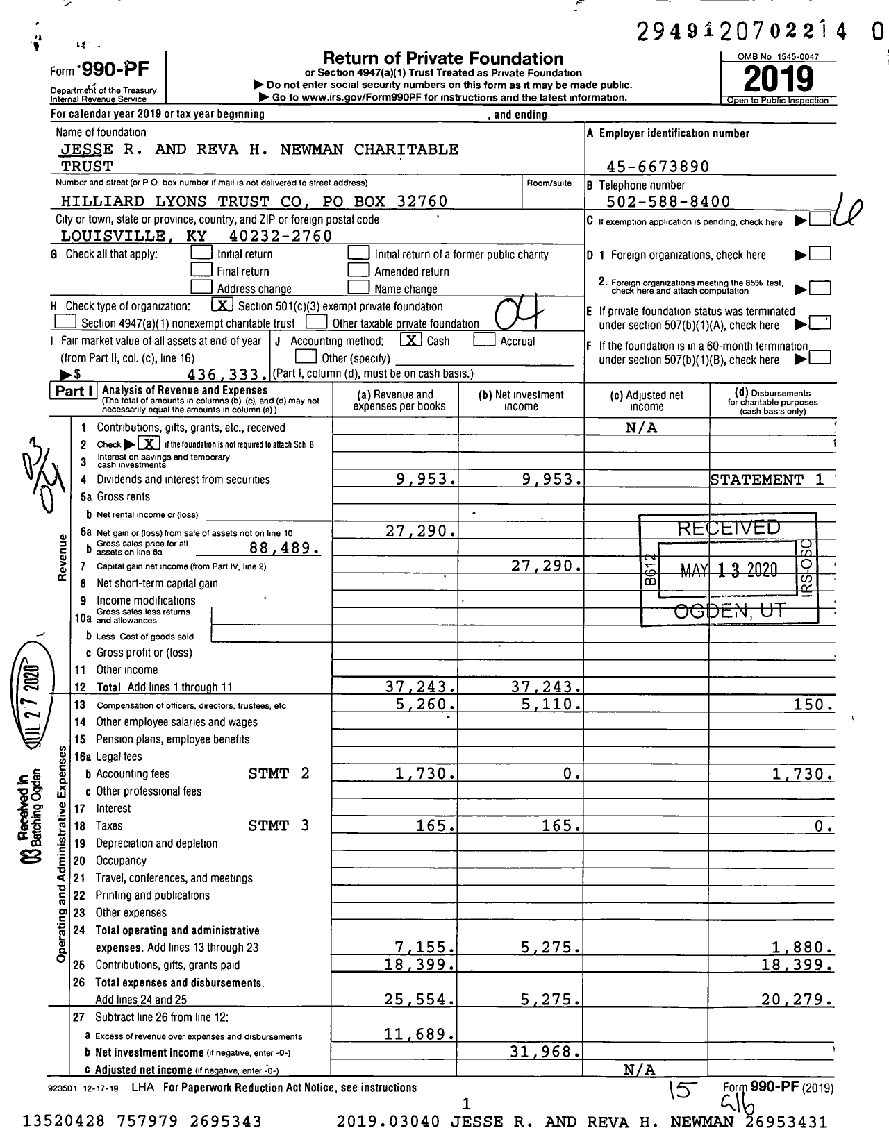 Image of first page of 2019 Form 990PR for Jesse R and Reva H Newman Charitable Trust