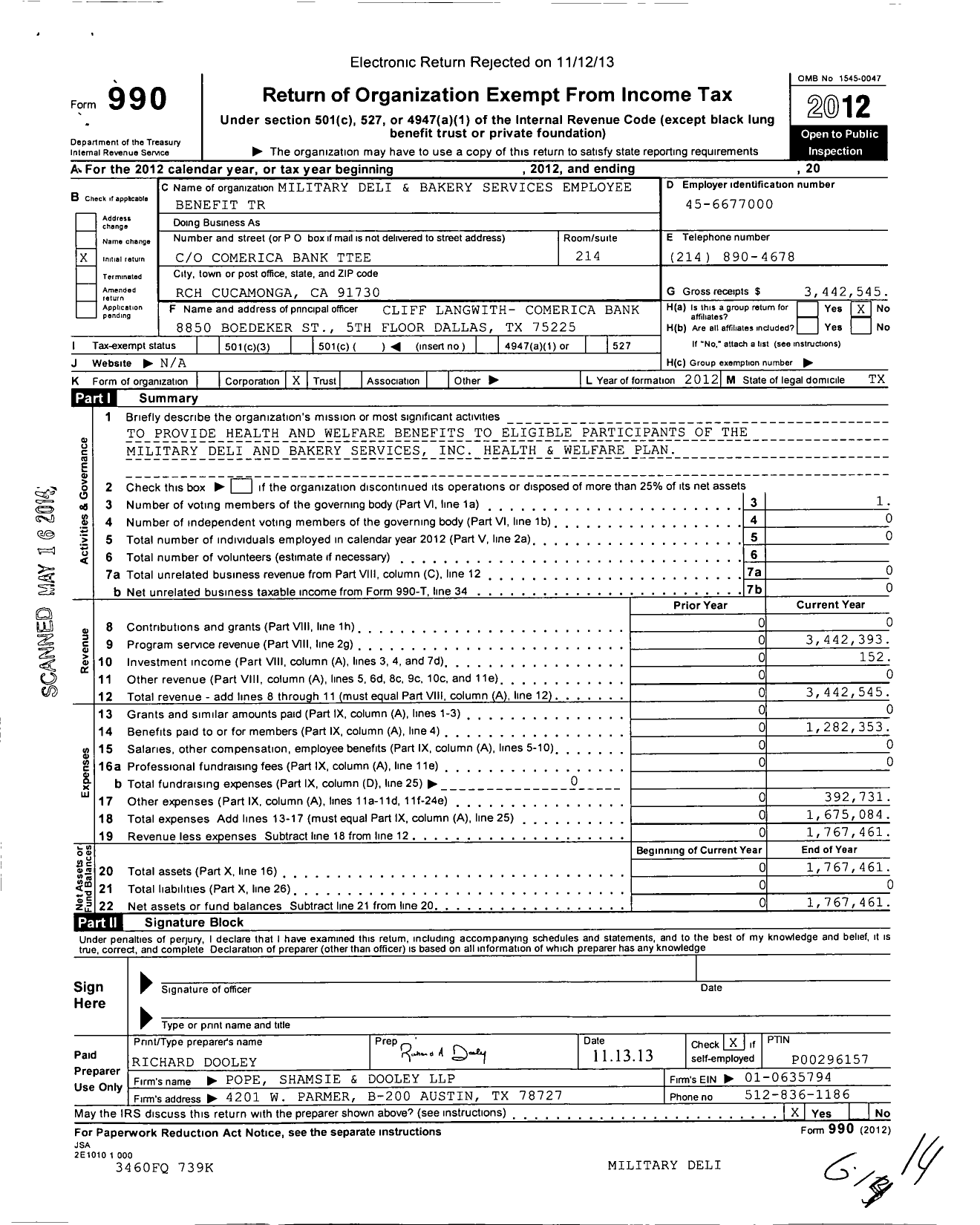 Image of first page of 2012 Form 990O for Military Deli and Bakery Services Employee Benefit Trust