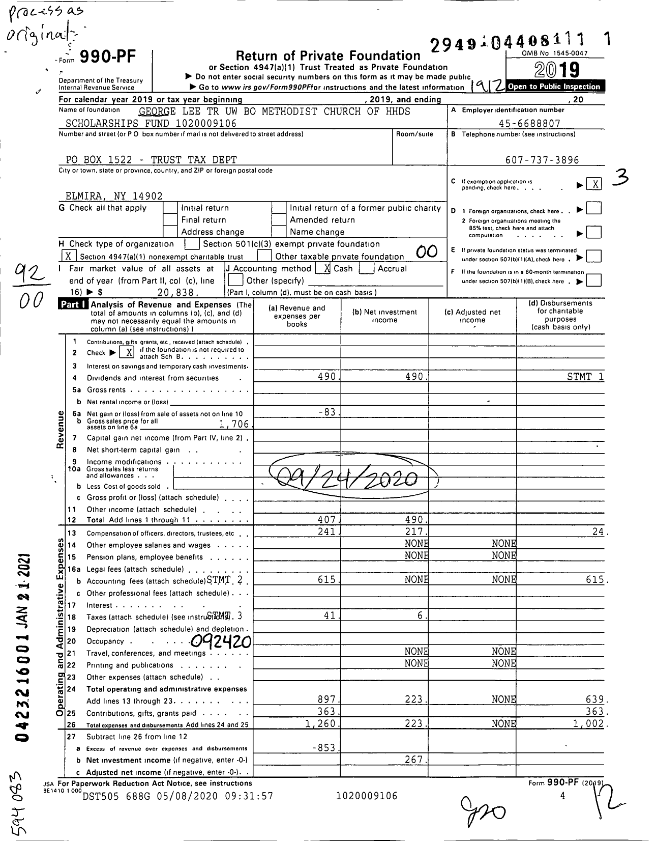 Image of first page of 2019 Form 990PF for George Lee TR Uw Bo Methodist Church of HHDS