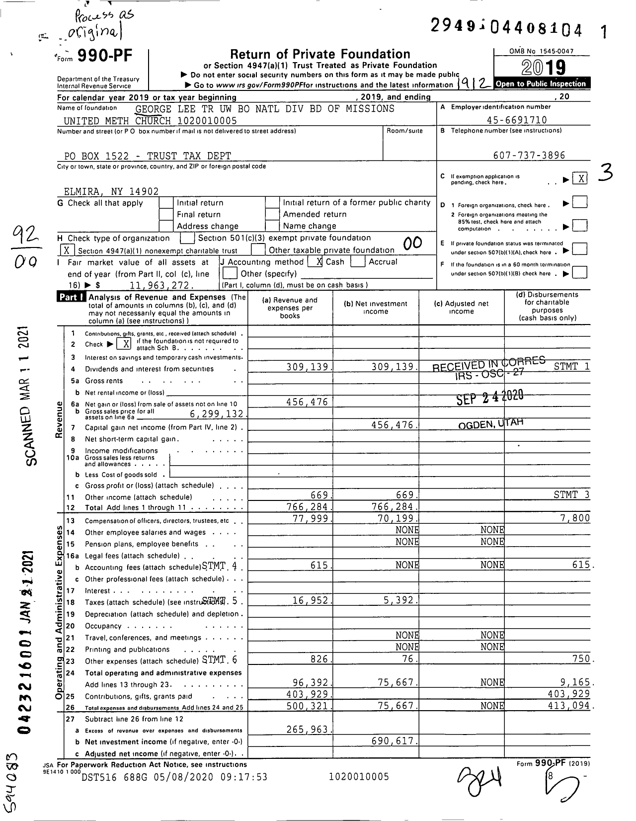 Image of first page of 2019 Form 990PF for George Lee TR Uw Bo National Div BD of Missions