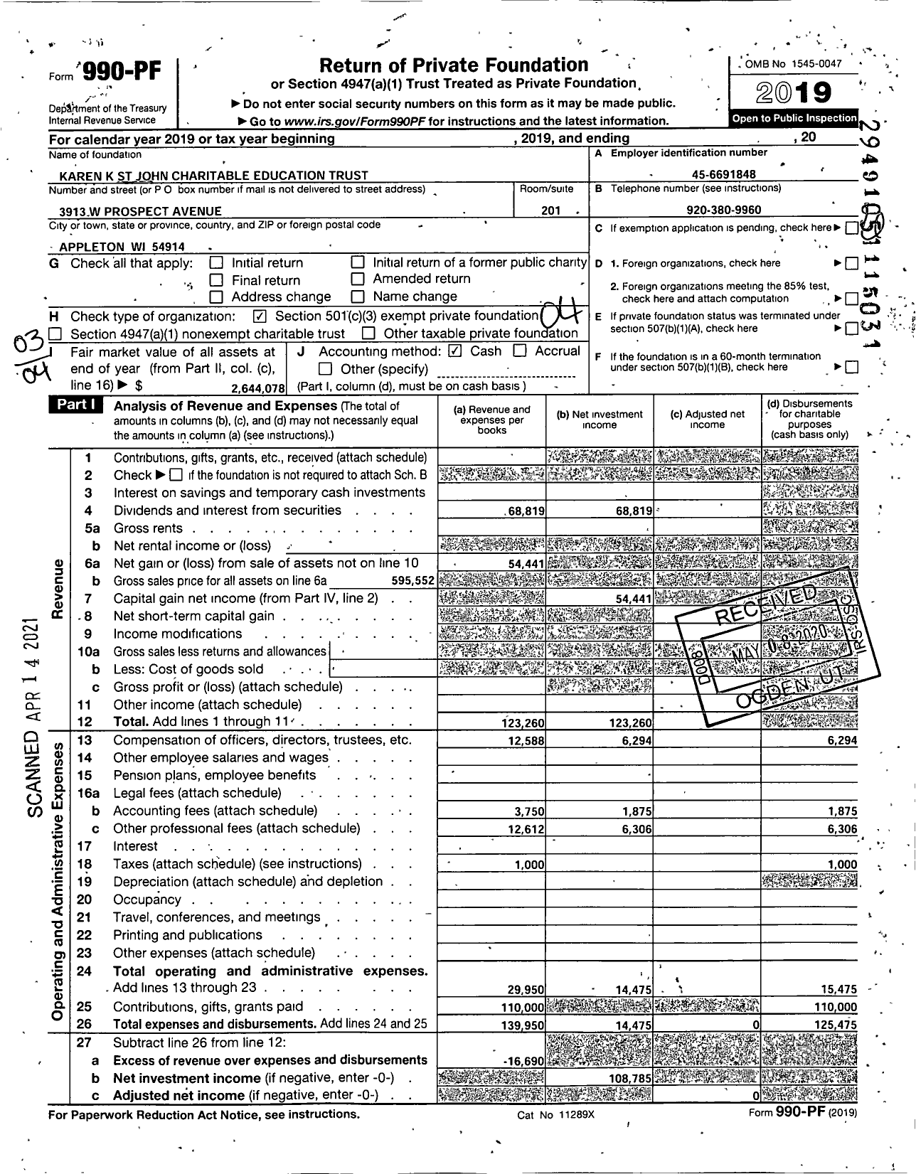 Image of first page of 2019 Form 990PF for Karen K St John Charitable Education Trust