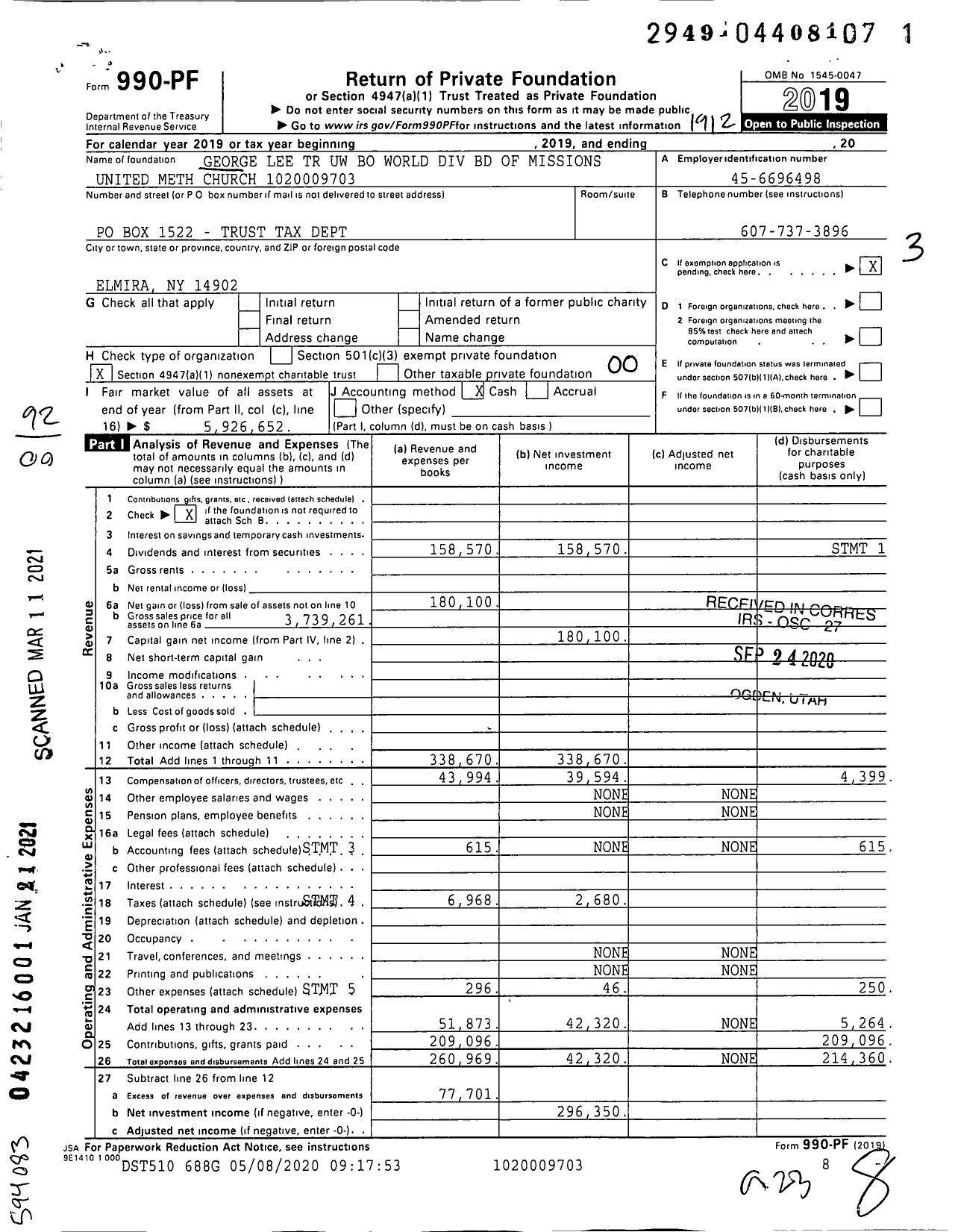 Image of first page of 2019 Form 990PF for George Lee TR Uw Bo World Div BD of Missions