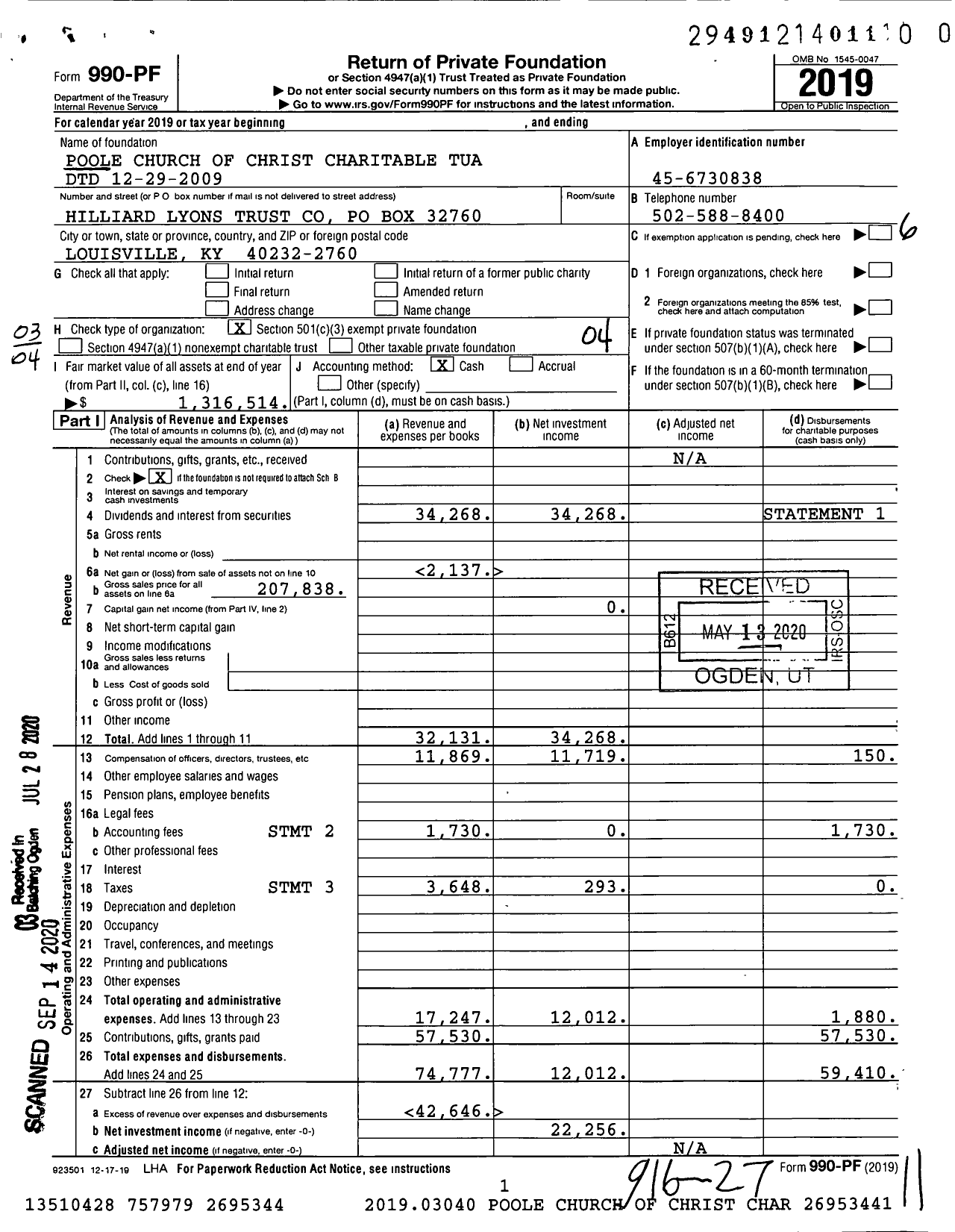 Image of first page of 2019 Form 990PR for Poole Church of Christ Charitable Tua DTD 12-29-2009