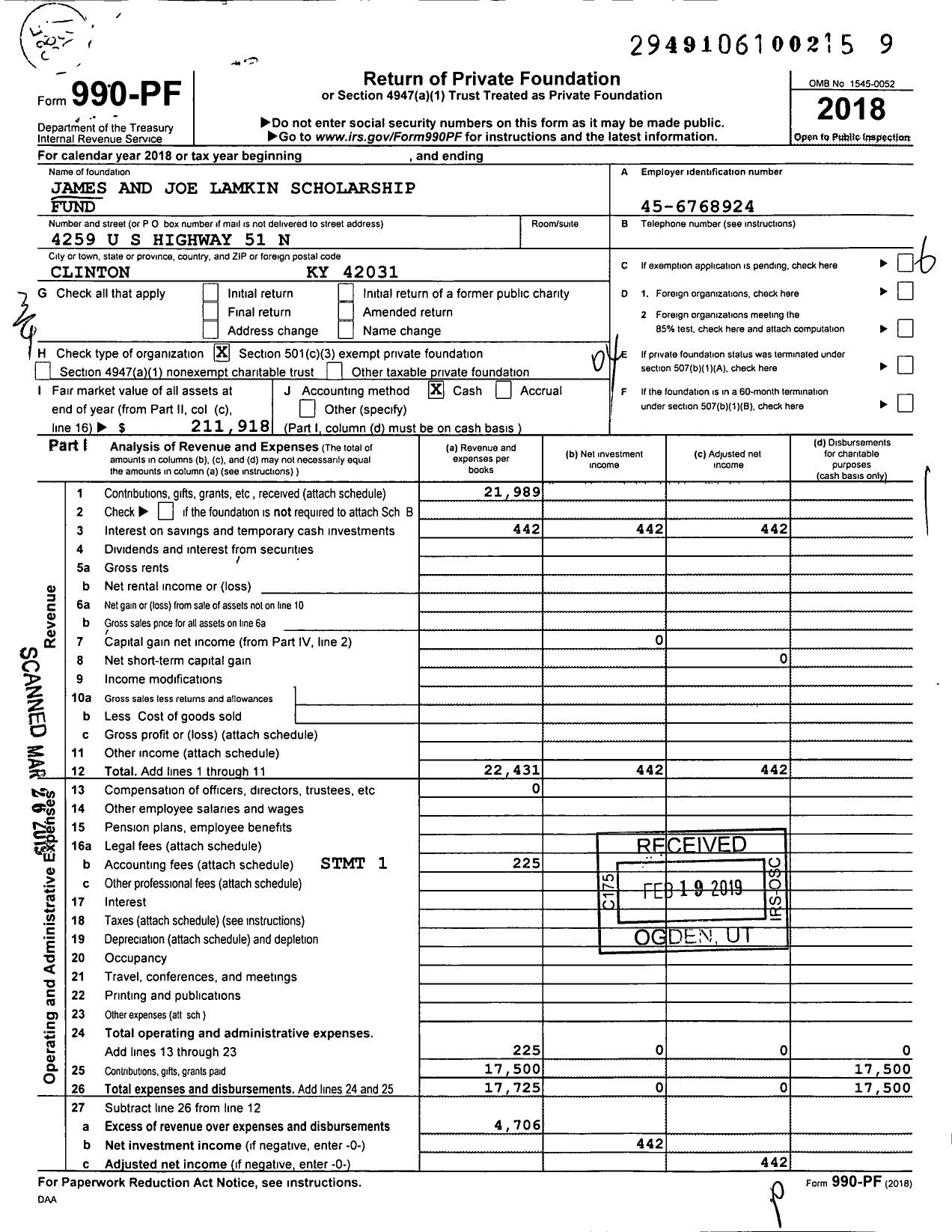 Image of first page of 2018 Form 990PF for James and Joe Lamkin Scholarship Fund