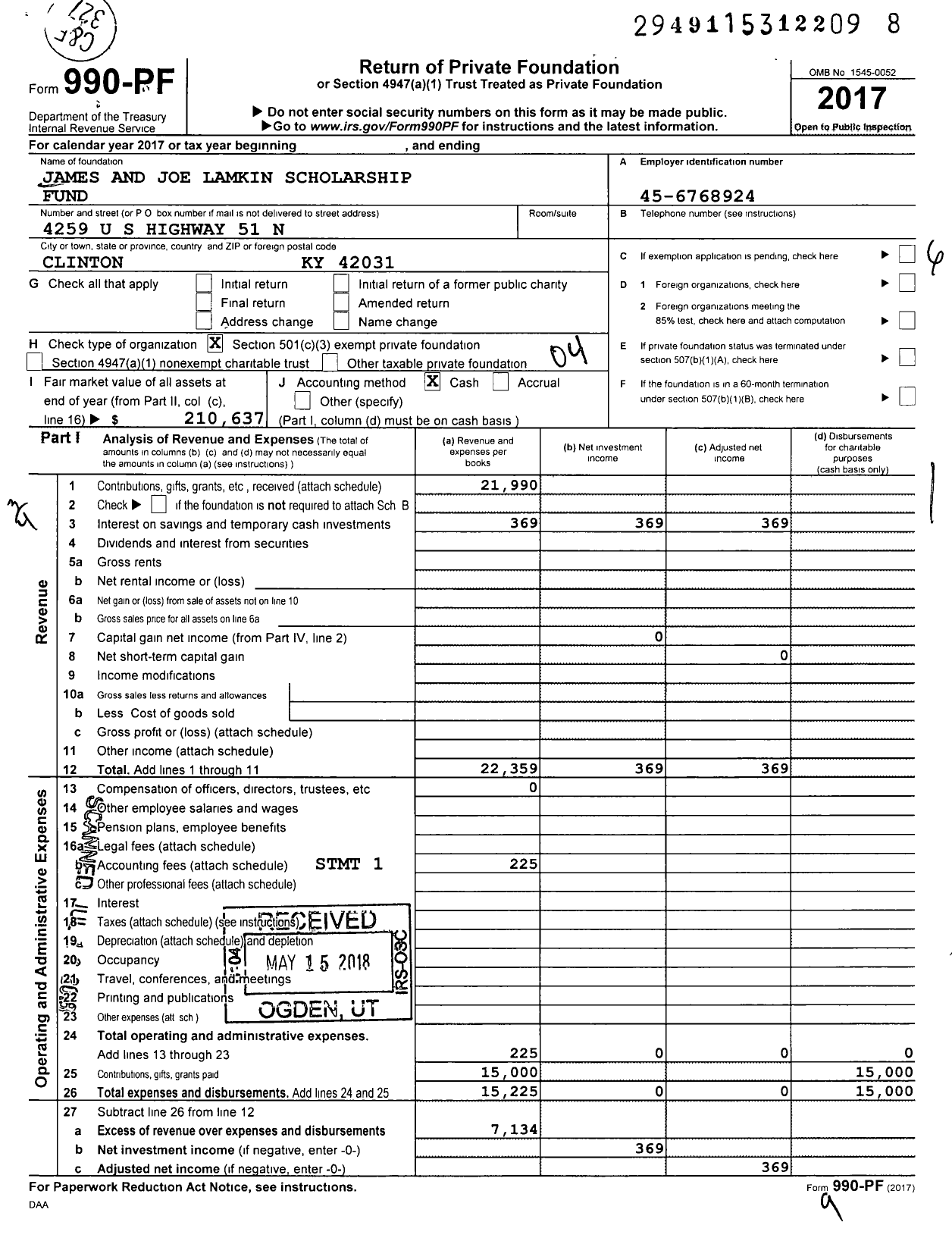 Image of first page of 2017 Form 990PF for James and Joe Lamkin Scholarship Fund