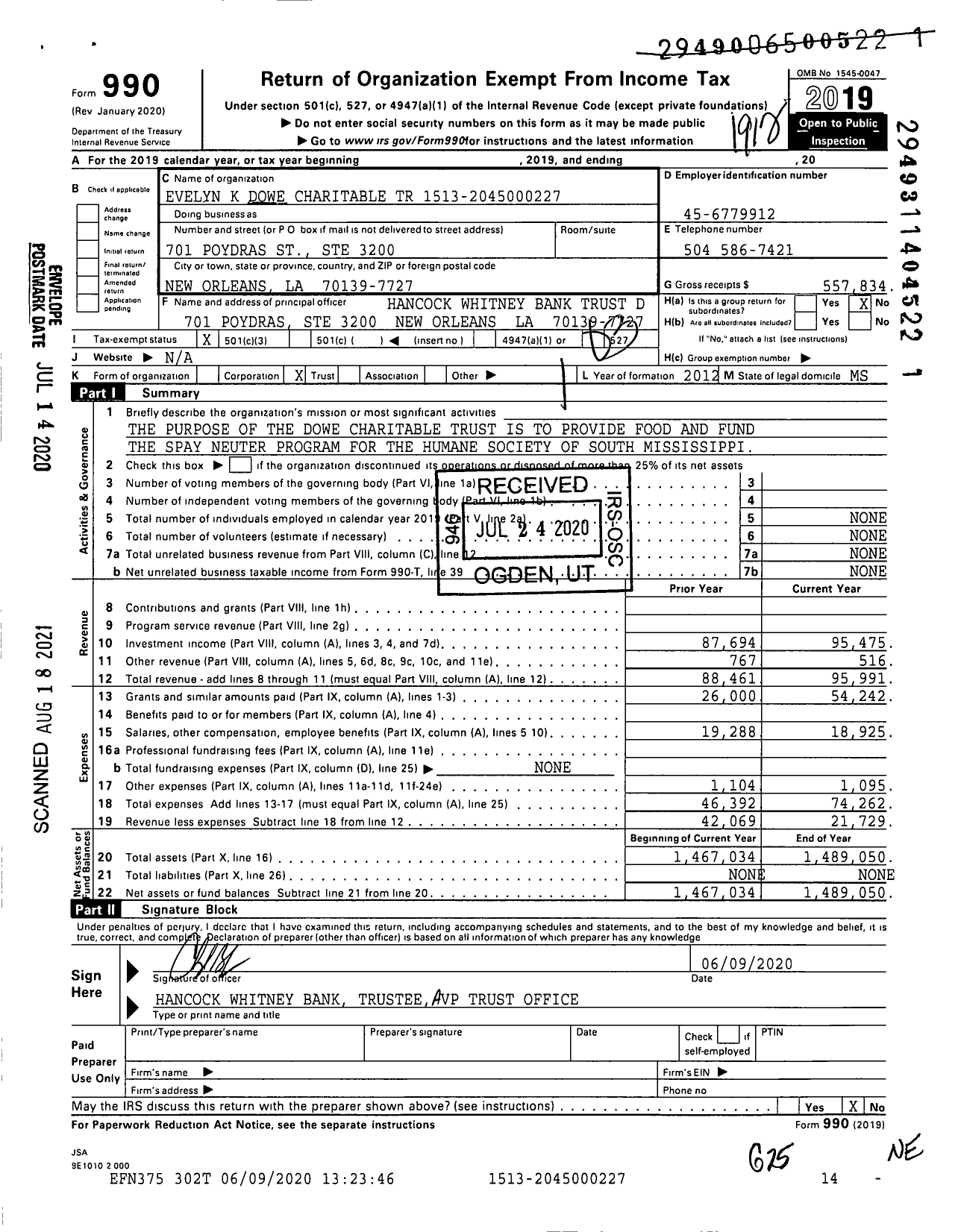 Image of first page of 2019 Form 990 for Evelyn K Dowe Charitable TR 1536-2045000227