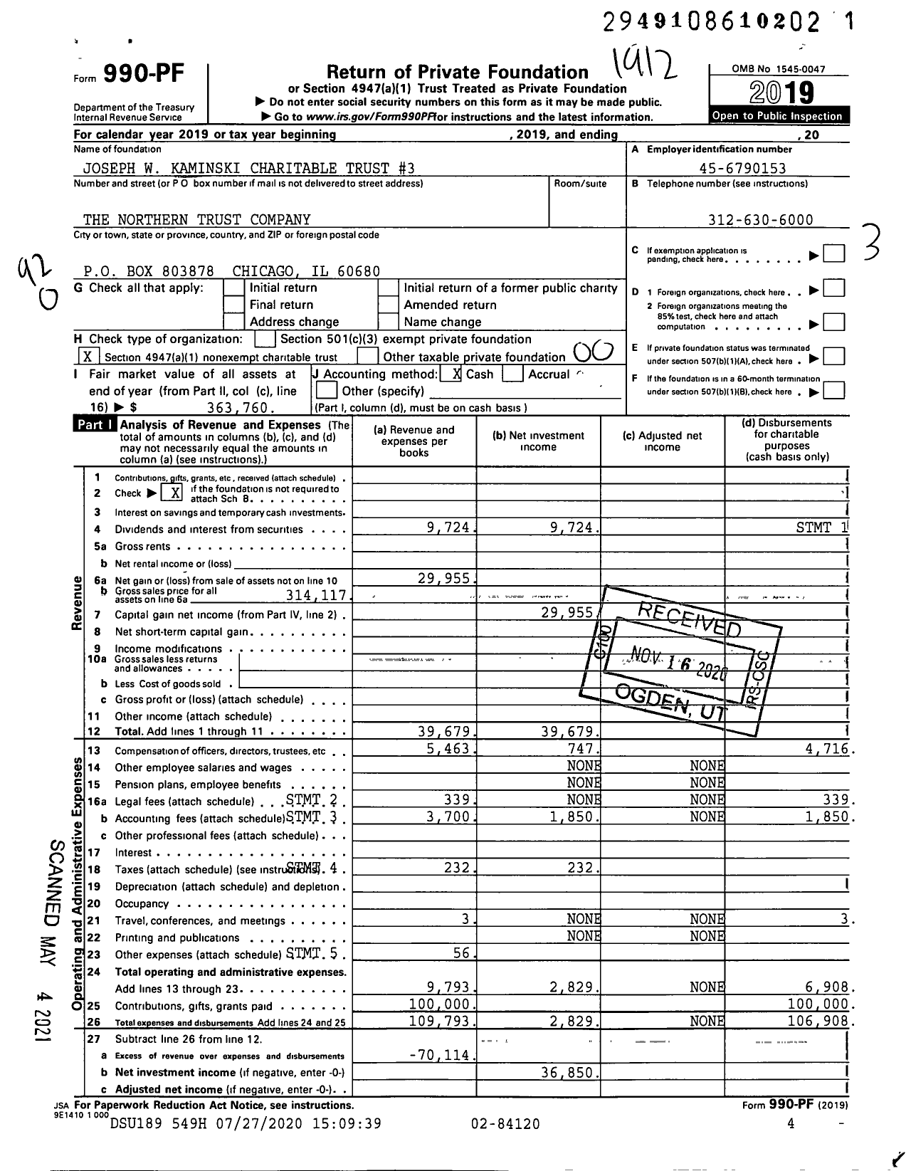 Image of first page of 2019 Form 990PF for Joseph W Kaminski Charitable Trust #3