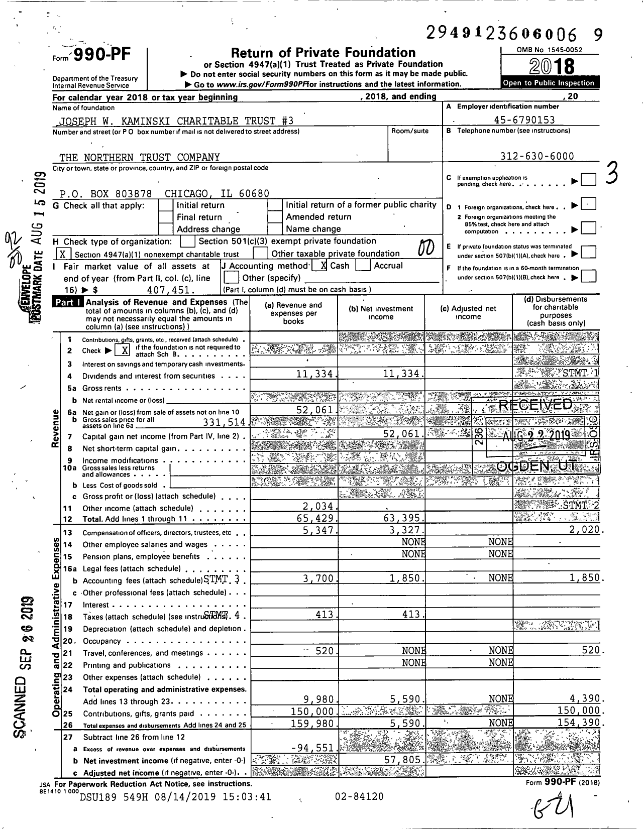 Image of first page of 2018 Form 990PF for Joseph W Kaminski Charitable Trust #3