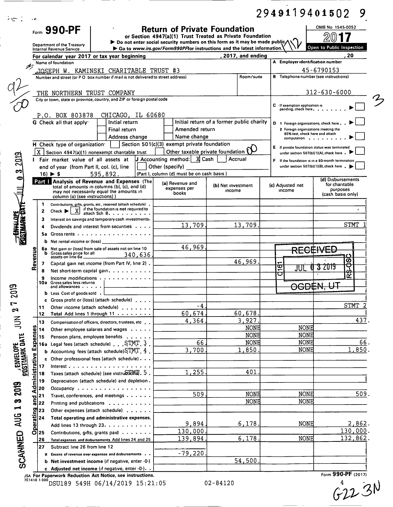 Image of first page of 2017 Form 990PF for Joseph W Kaminski Charitable Trust #3