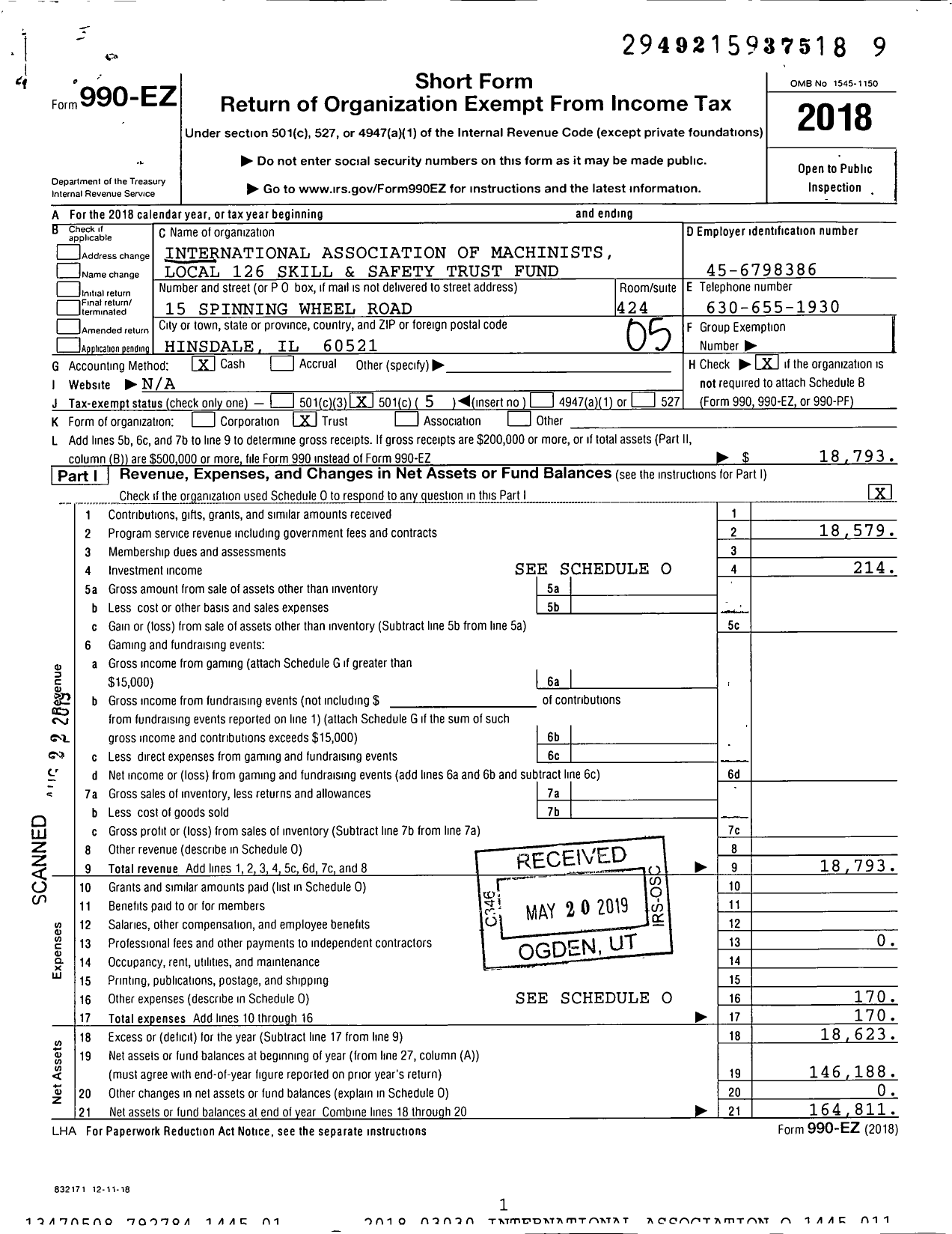 Image of first page of 2018 Form 990EO for International Association of Machinists Local 126 Skill and Safety Trust Fund