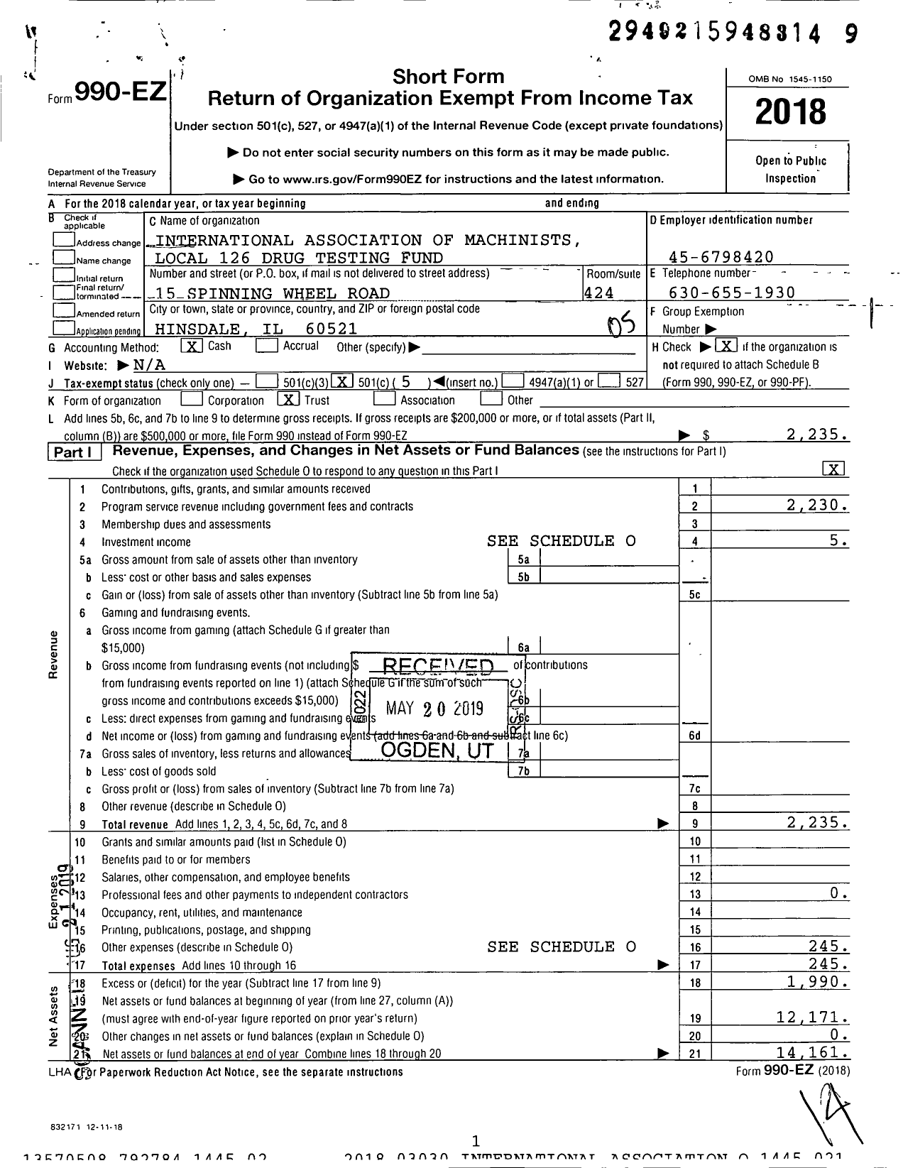 Image of first page of 2018 Form 990EO for International Association of Machinists Local 126 Drug Testing Fund