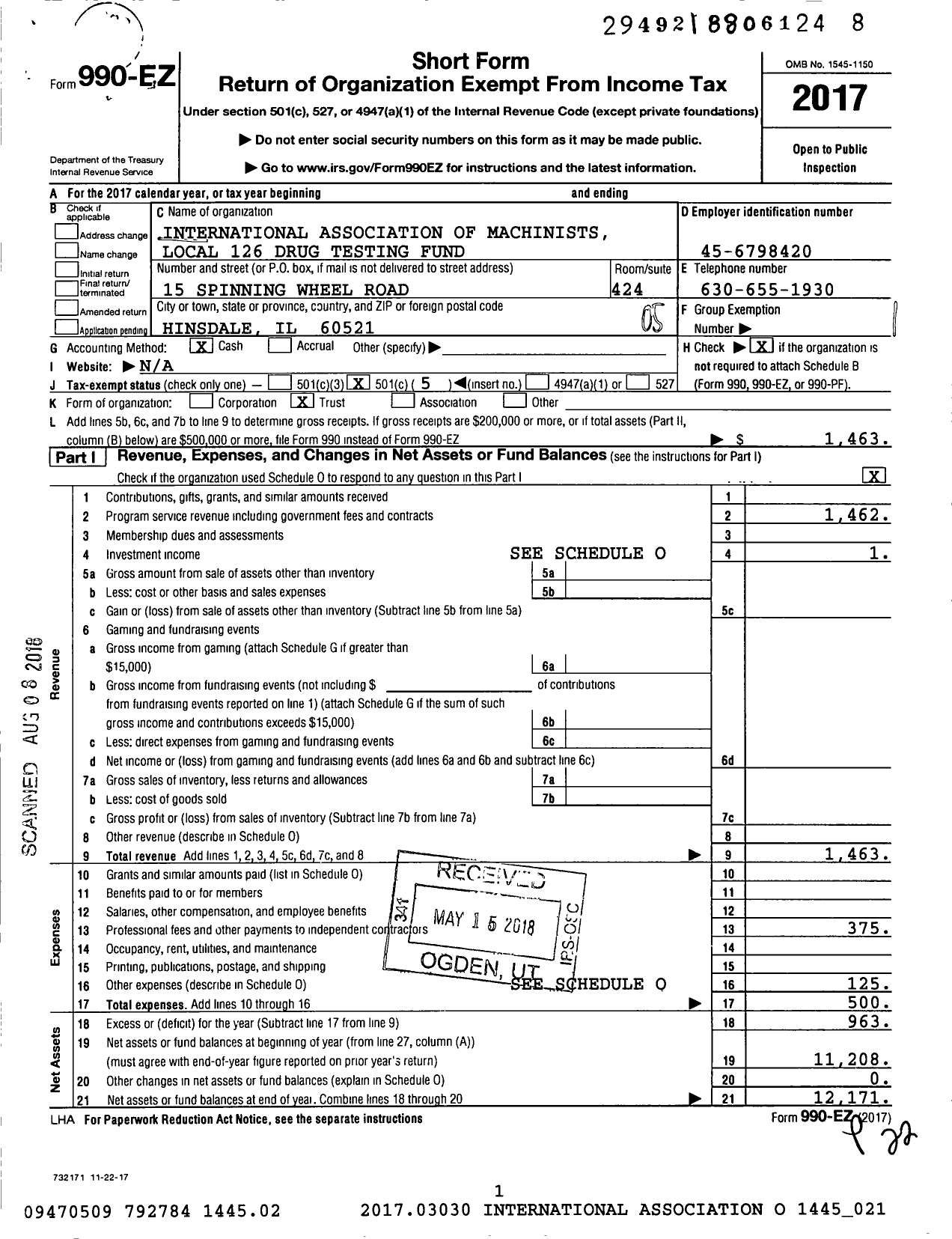 Image of first page of 2017 Form 990EO for International Association of Machinists Local 126 Drug Testing Fund