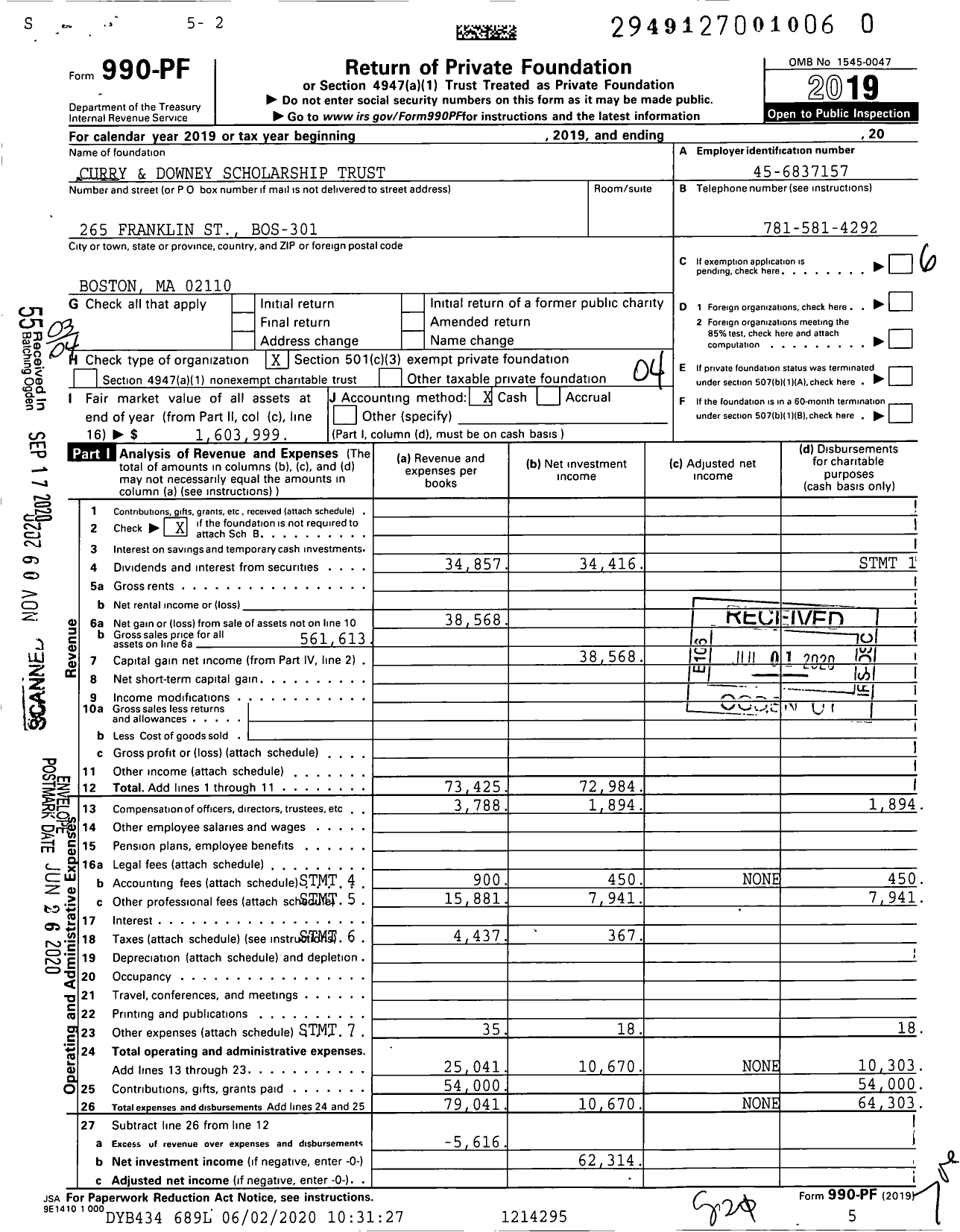 Image of first page of 2019 Form 990PF for Curry and Downey Scholarship Trust