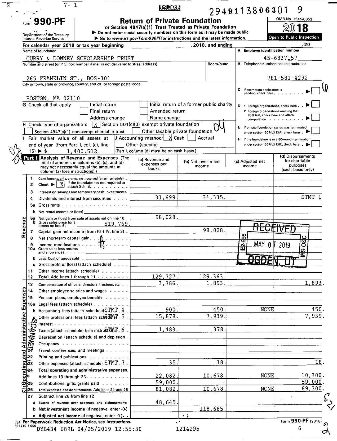 Image of first page of 2018 Form 990PF for Curry and Downey Scholarship Trust
